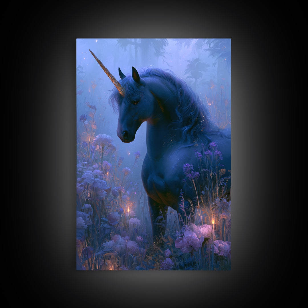 Unicorn in a Moonlit Meadow Framed Canvas Print, Fairy Tale Art, Printable Art, Living Room Decor, Oil Painting, Storybook, FTA-2x3-90