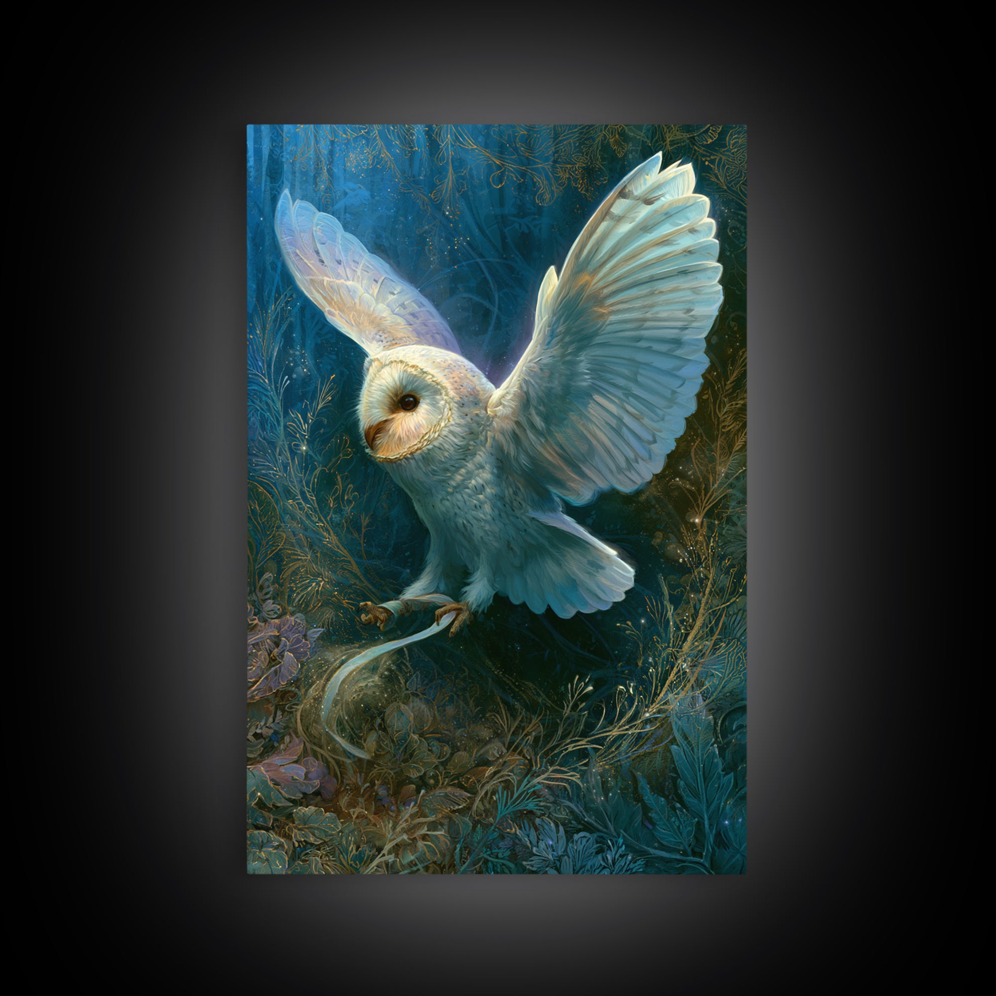 Owl Messenger Carrying a Tiny Ribbon Framed Canvas Print, Fairy Tale Art, Whimsical Art, Living Room Decor, Fine Art, Storybook, FTA-2x3-97