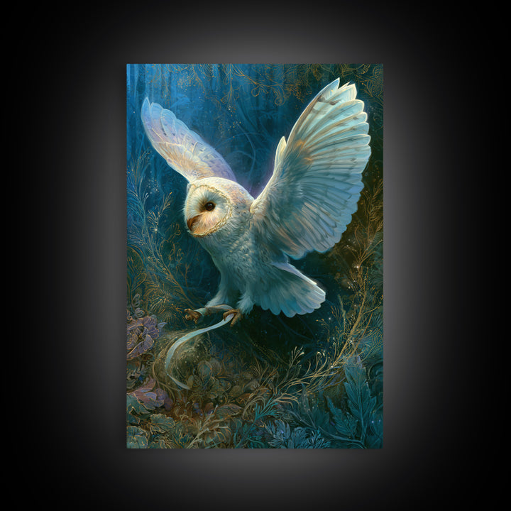 Owl Messenger Carrying a Tiny Ribbon Framed Canvas Print, Fairy Tale Art, Whimsical Art, Living Room Decor, Fine Art, Storybook, FTA-2x3-97