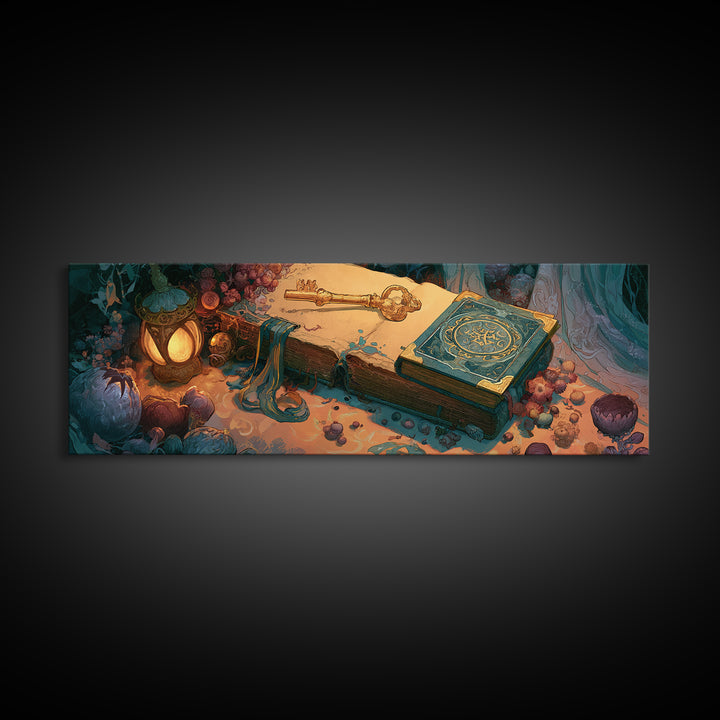Golden Key and Enchanted Book Still Life Framed Canvas Print, Fairy Tale Art, Folk Art, Living Room Decor, Fine Art, Storybook, FTA-3x1-1
