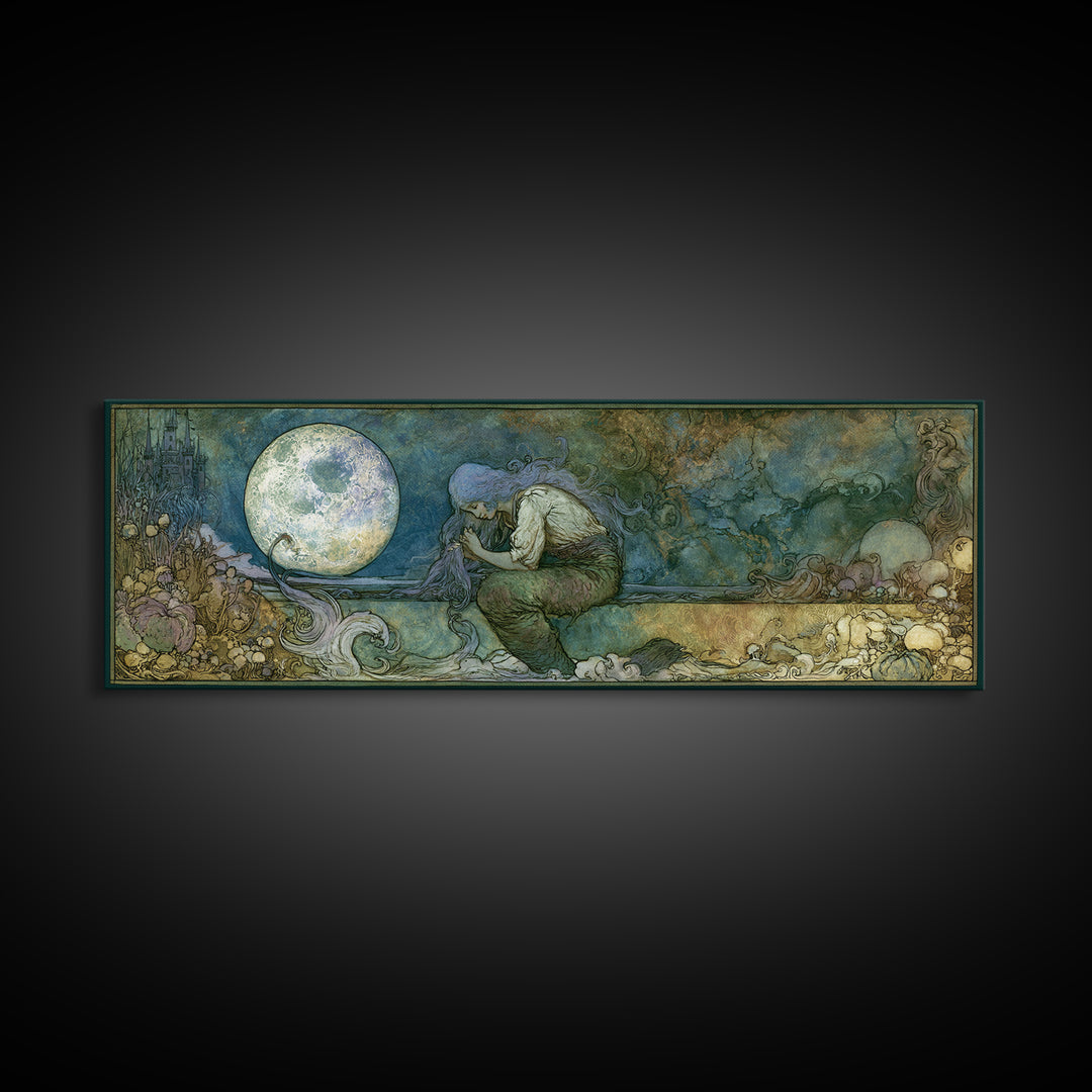 Mermaid Combing Hair Beneath a Pearl Moon Canvas Print, Fairy Tale Art, Living Room Decor, Abstract Art, Storybook, FTA-3x1-100