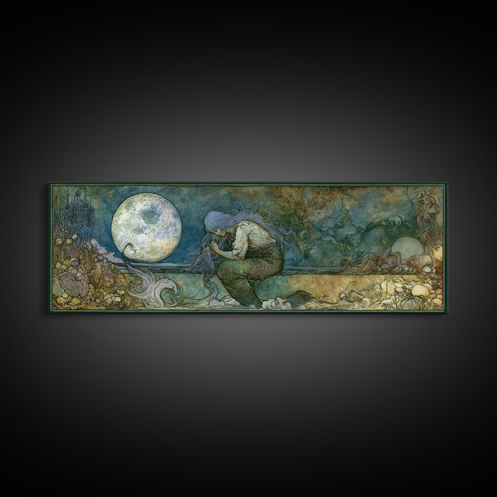 Mermaid Combing Hair Beneath a Pearl Moon Canvas Print, Fairy Tale Art, Living Room Decor, Abstract Art, Storybook, FTA-3x1-100