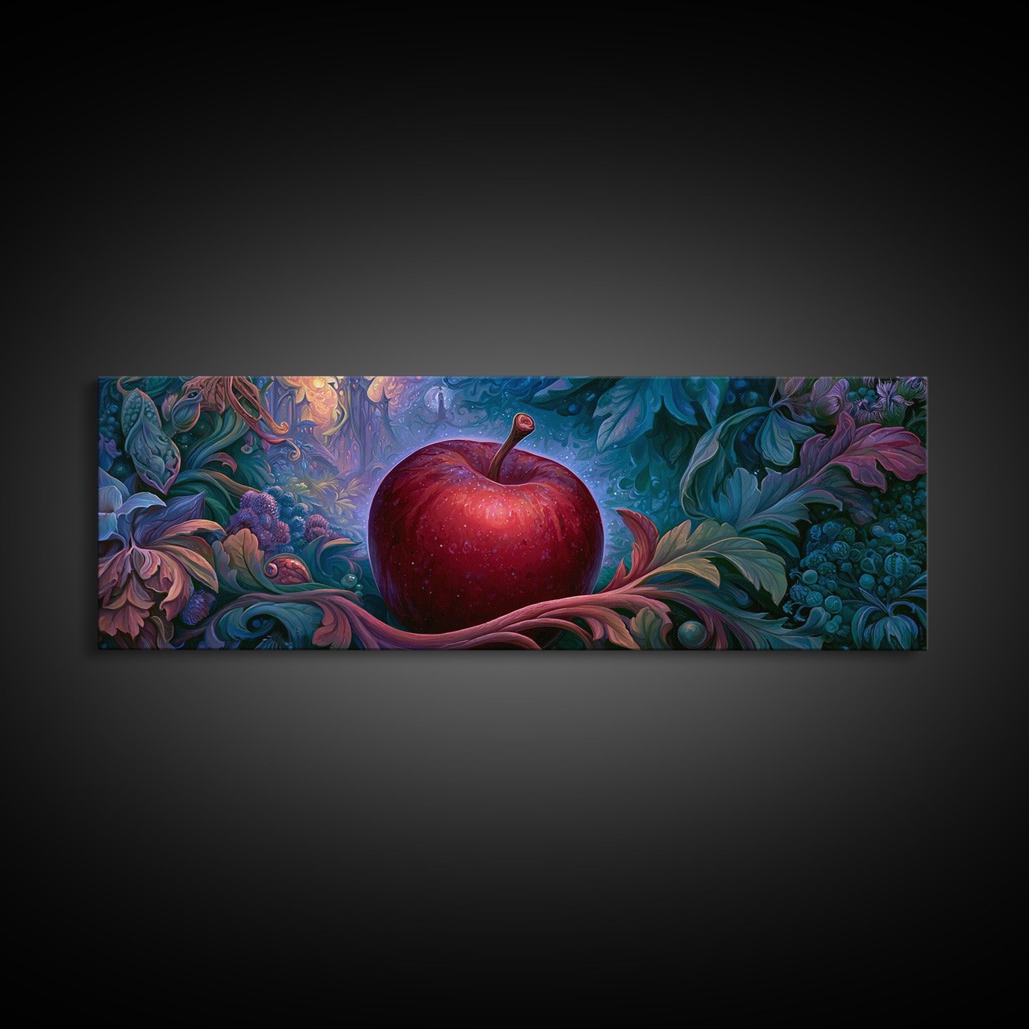 Enchanted Apple with Deep Red Shine Framed Canvas Print, Fairy Tale Art, Whimsical Wall Art, Living Room Decor, Storybook, FTA-3x1-12