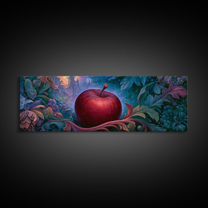 Enchanted Apple with Deep Red Shine Framed Canvas Print, Fairy Tale Art, Whimsical Wall Art, Living Room Decor, Storybook, FTA-3x1-12