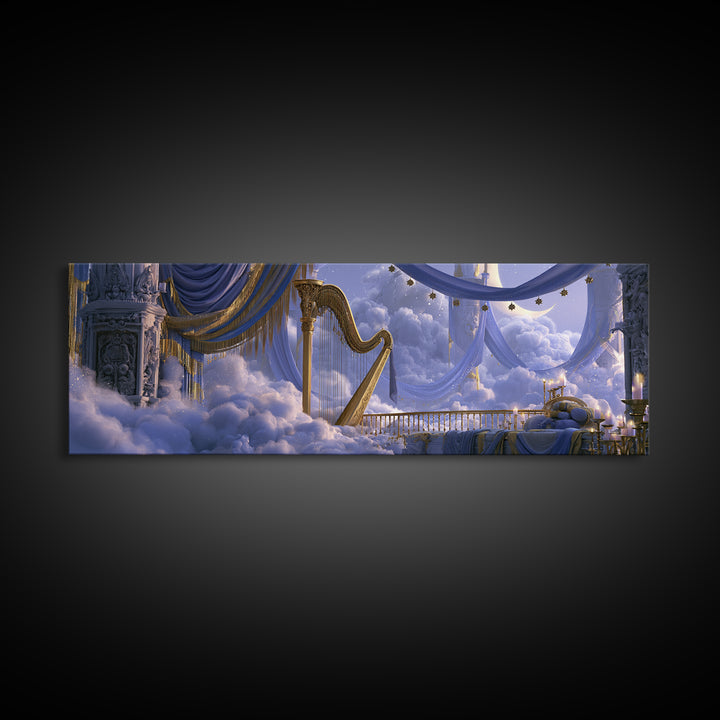 Golden Harp in a Cloud Kingdom Canvas Print, Fairy Tale Art, Modern Decor, Living Room Decor, Fine Art, Storybook, Wall Decor, FTA-3x1-14