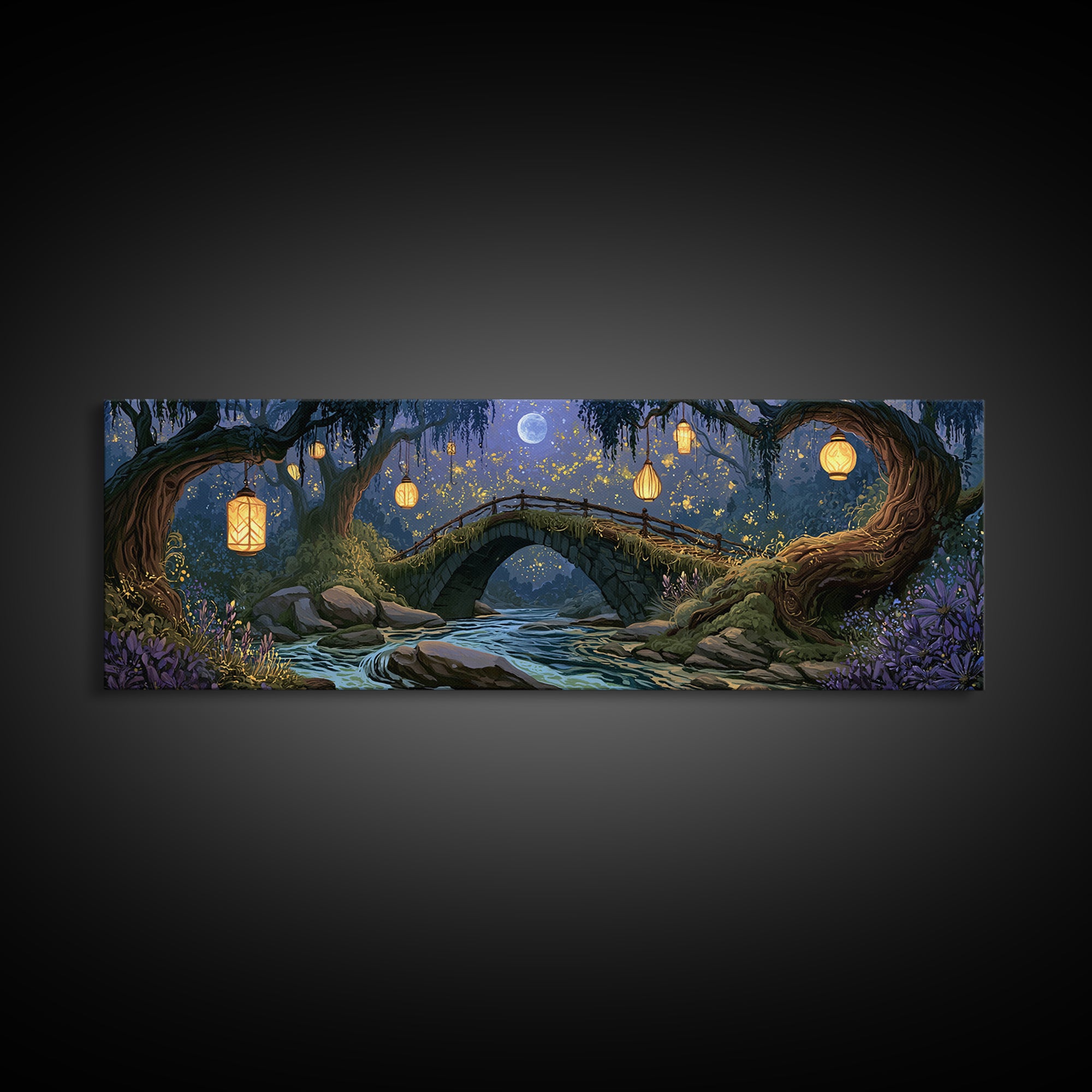 Lantern Lit Bridge Framed Canvas Print, Fairy Tale Art, Gallery Decor, Living Room Decor, Fine Art, Storybook, Wall Art, FTA-3x1-15