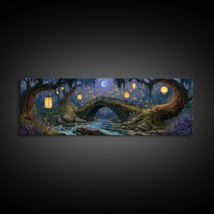 Lantern Lit Bridge Framed Canvas Print, Fairy Tale Art, Gallery Decor, Living Room Decor, Fine Art, Storybook, Wall Art, FTA-3x1-15