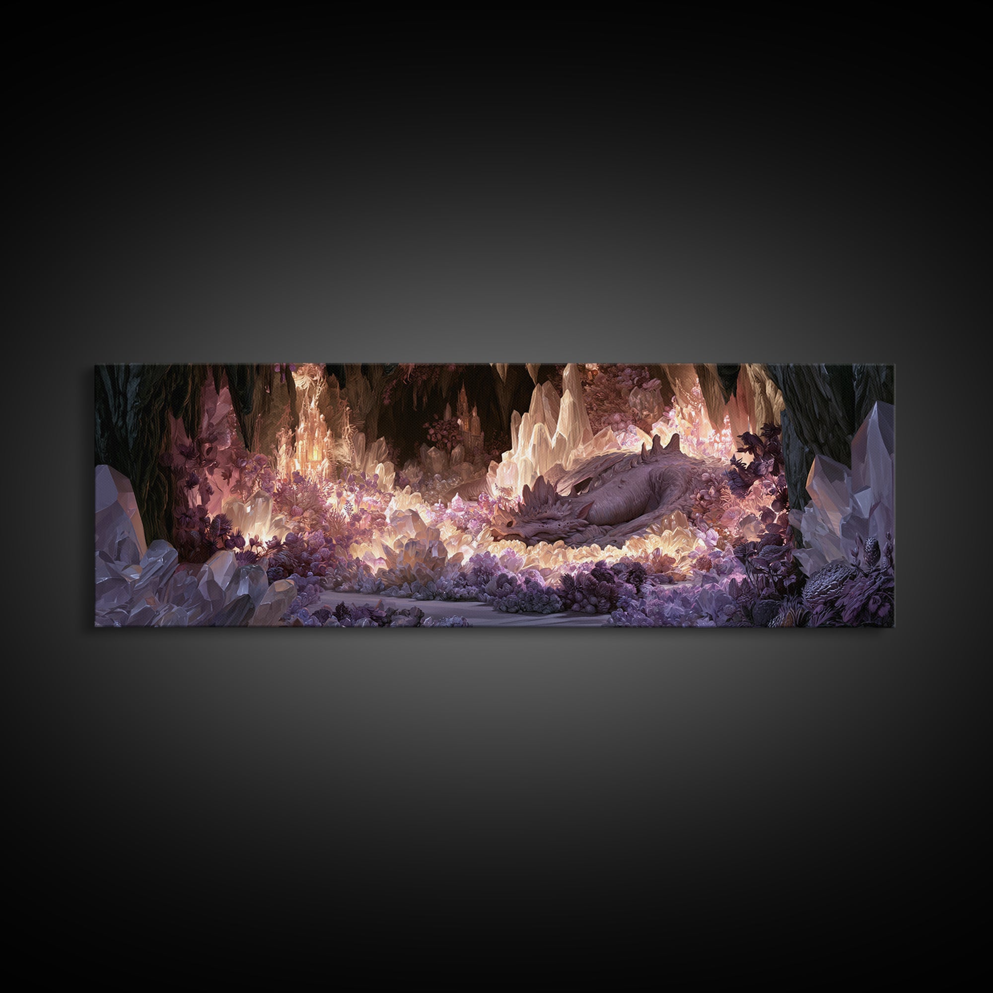 Sleeping Dragon in a Cave of Crystals Canvas Print, Fairy Tale Art, Folk Art, Living Room Decor, Fine Art, Storybook, FTA-3x1-16