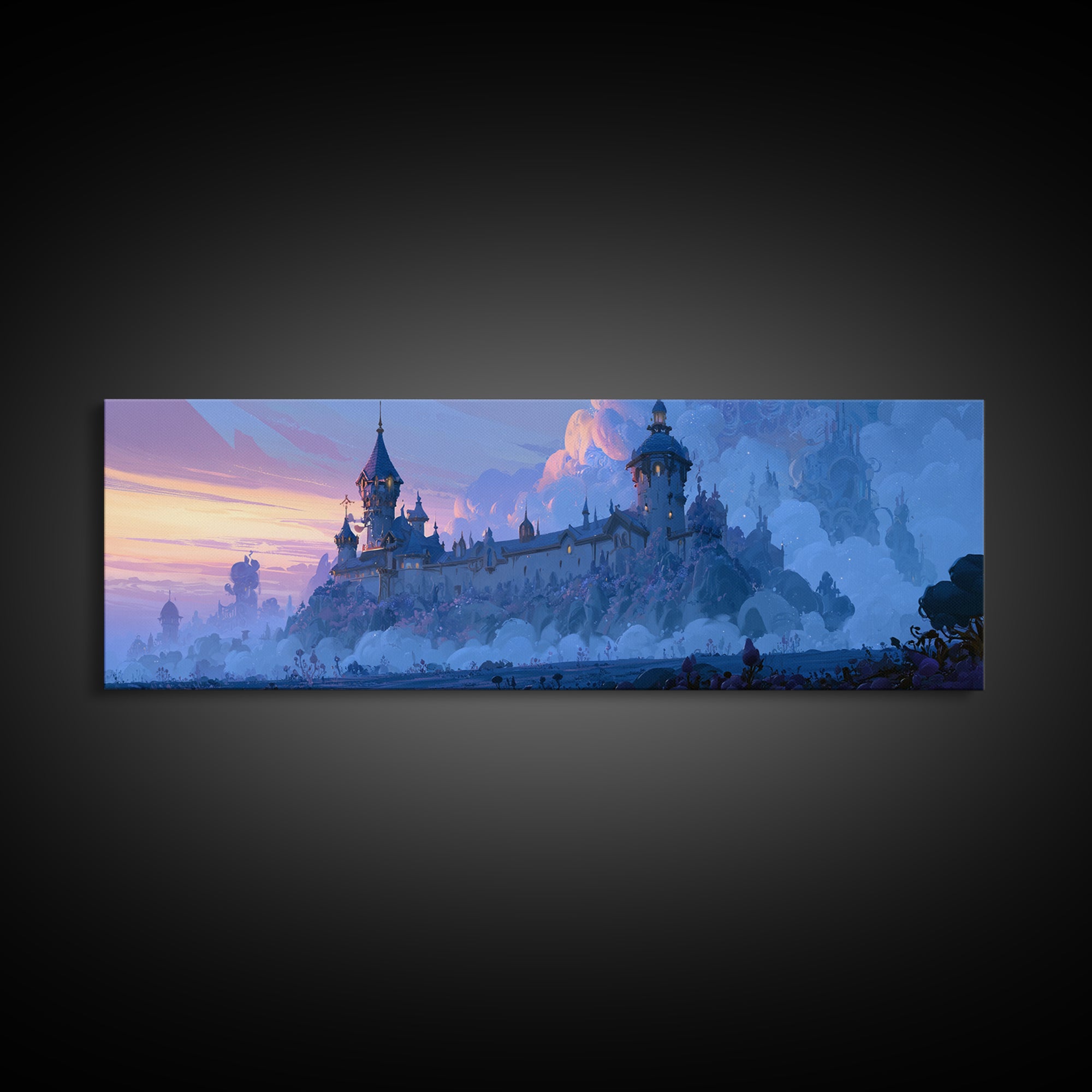 Storybook Castle on a Misty Hill Framed Canvas Print, Fairy Tale Art, Whimsical Decor, Living Room Decor, Fine Art, Storybook, FTA-3x1-18