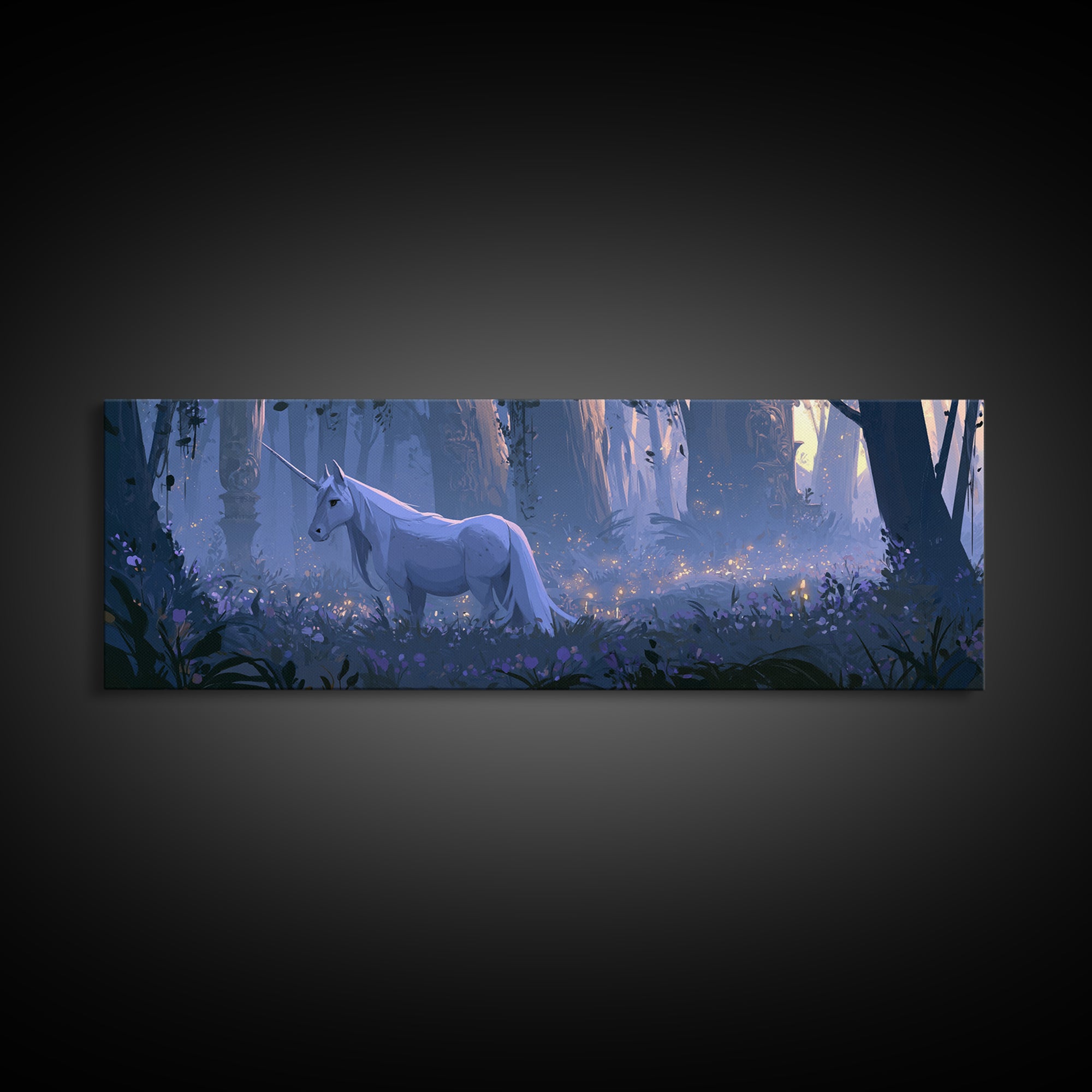 Unicorn in a Moonlit Meadow Framed Canvas Print, Fairy Tale Art, Art Nouveau, Living Room Decor, Fine Art, Storybook, FTA-3x1-2