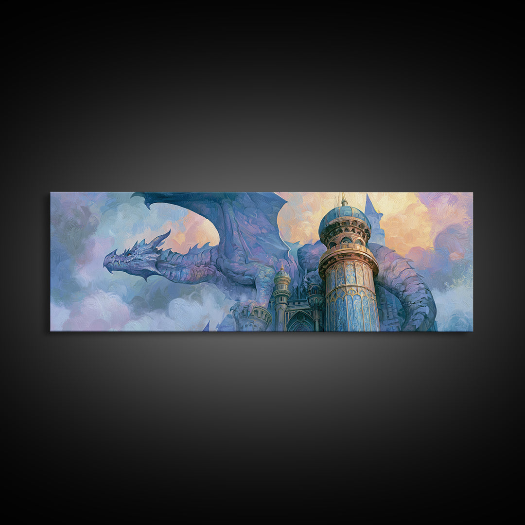 Dragon Curled Around a Jeweled Tower Canvas Print, Fairy Tale Art, Whimsical Wall Art, Living Room Decor, Fine Art, Storybook, FTA-3x1-21