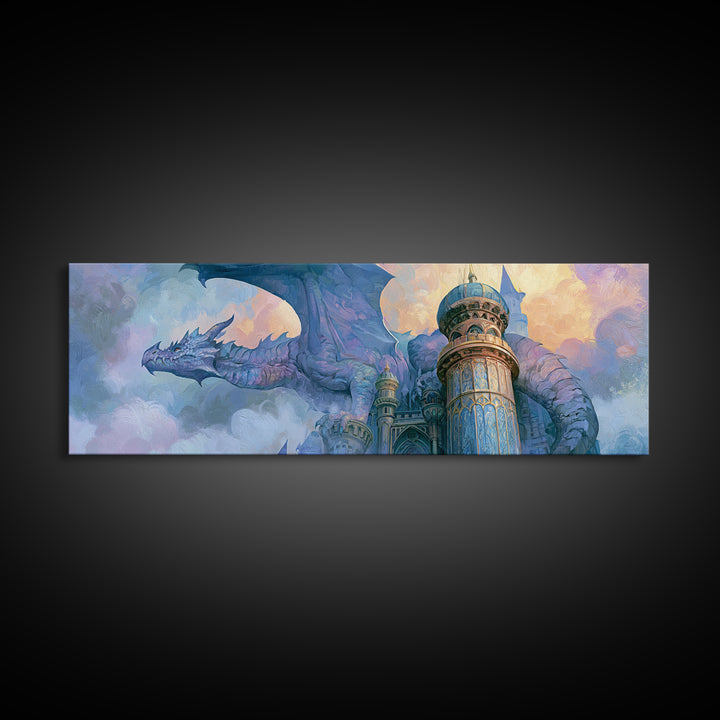 Dragon Curled Around a Jeweled Tower Canvas Print, Fairy Tale Art, Whimsical Wall Art, Living Room Decor, Fine Art, Storybook, FTA-3x1-21