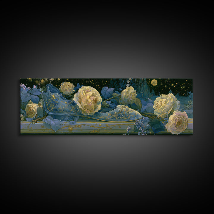 Glass Slipper Still Life Canvas Print, Fairy Tale Art, Living Room Decor, Abstract Art, Storybook, Art Nouveau, FTA-3x1-22
