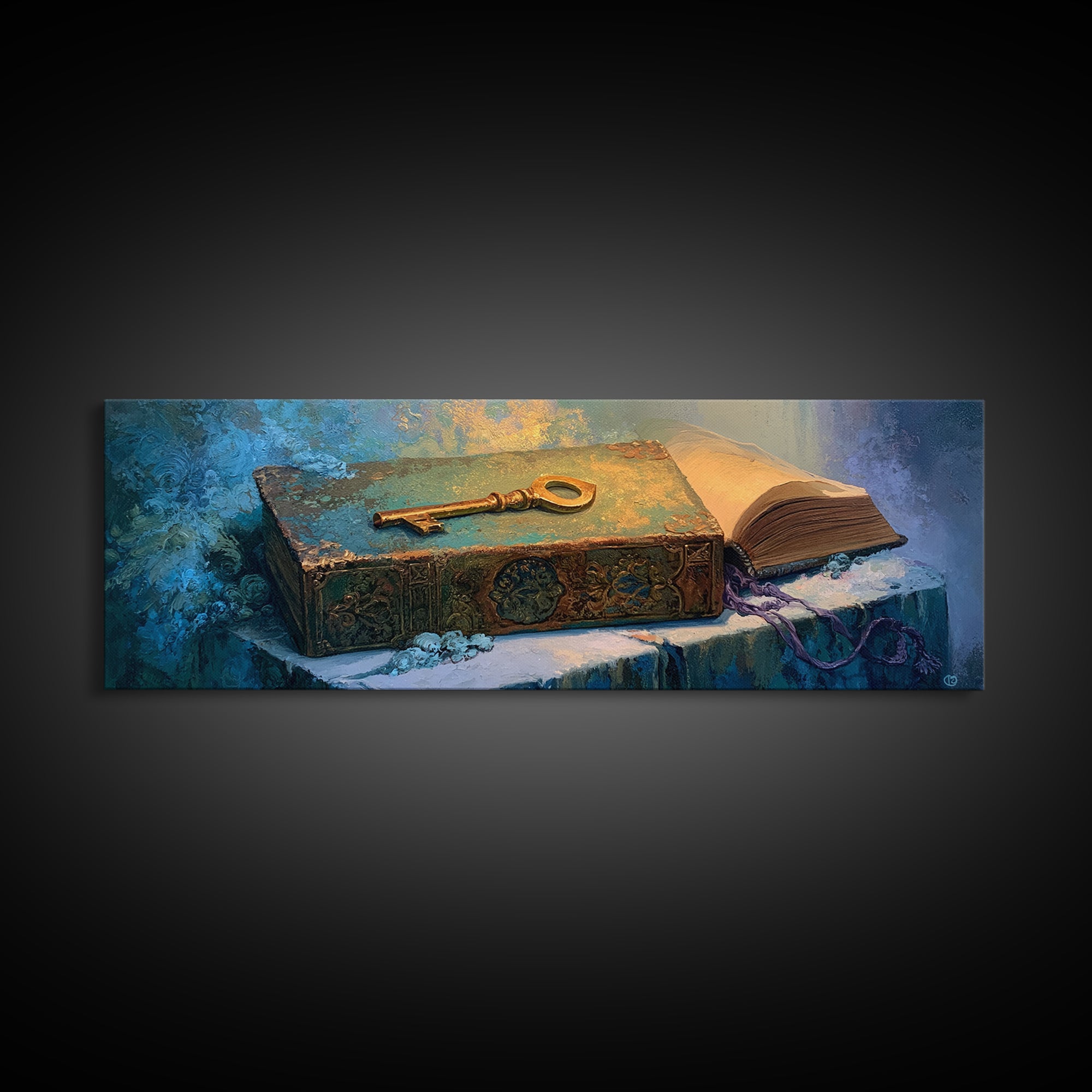 Golden Key and Enchanted Book Still Life Canvas Print, Fairy Tale Art, Kids Room Decor, Living Room Decor, Abstract Art, FTA-3x1-25