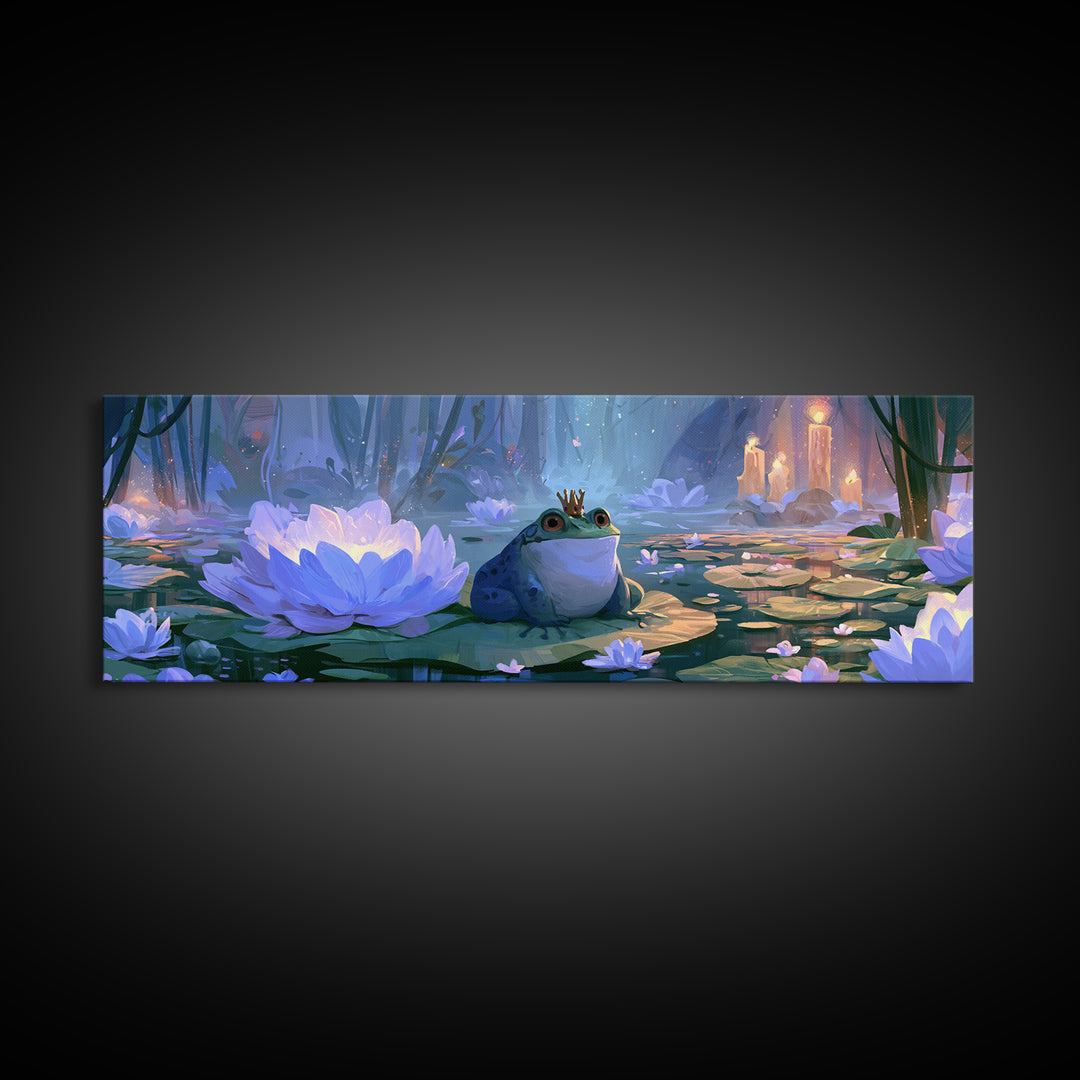 Frog Prince on a Lily Pad Framed Canvas Print, Fairy Tale Art, Textured Painting, Living Room Decor, Fine Art, Storybook, FTA-3x1-27