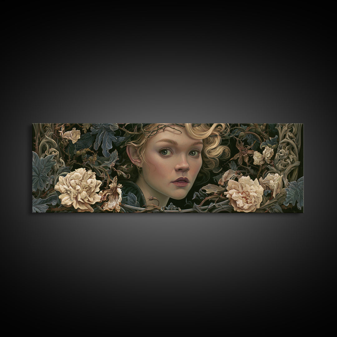 Magic Mirror Framed by Vines and Thorns Canvas Print, Fairy Tale Art, Princess Wall Art, Living Room Decor, Oil Painting, FTA-3x1-29