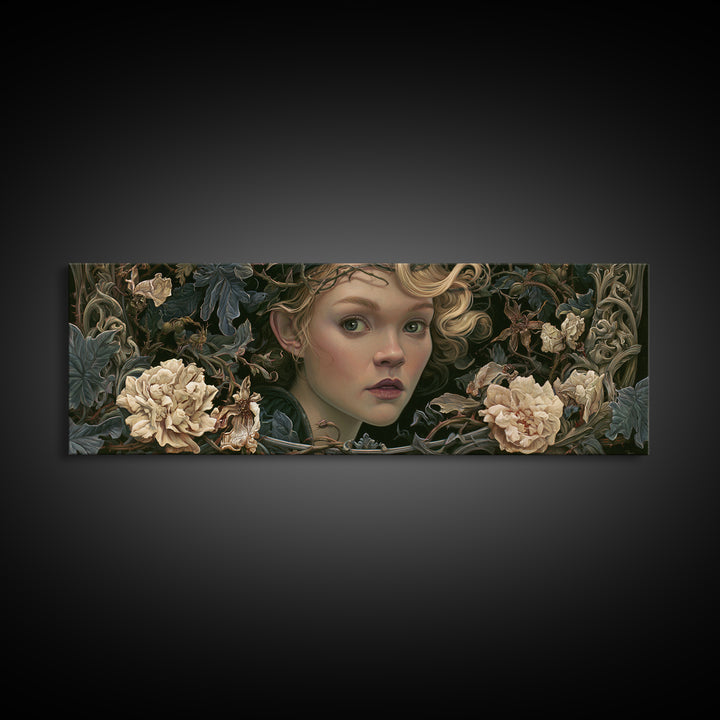 Magic Mirror Framed by Vines and Thorns Canvas Print, Fairy Tale Art, Princess Wall Art, Living Room Decor, Oil Painting, FTA-3x1-29