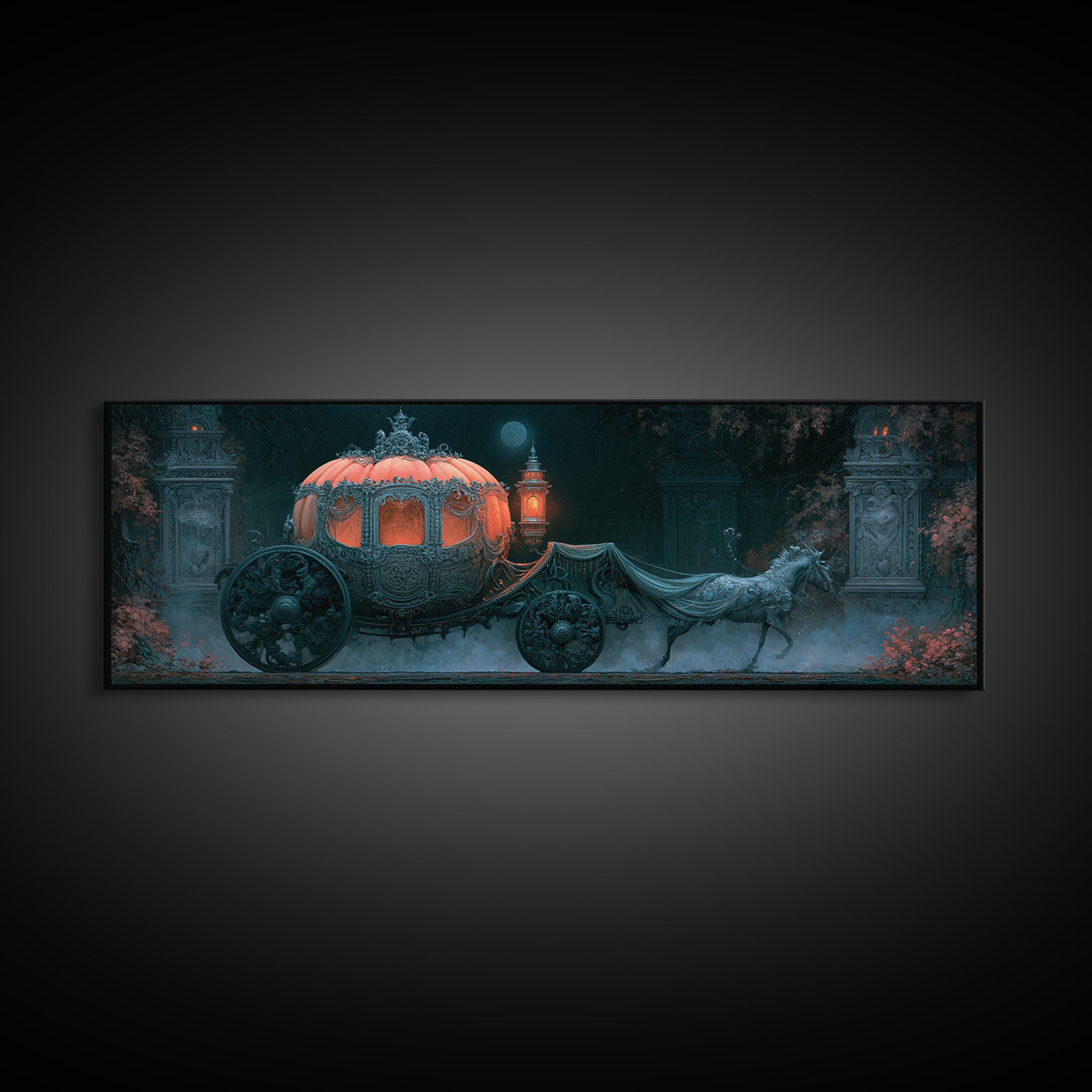 Pumpkin Carriage under Midnight Sky Framed Canvas Print, Fairy Tale Art, Art Nouveau Print, Living Room Decor, Watercolor Art, FTA-3x1-32