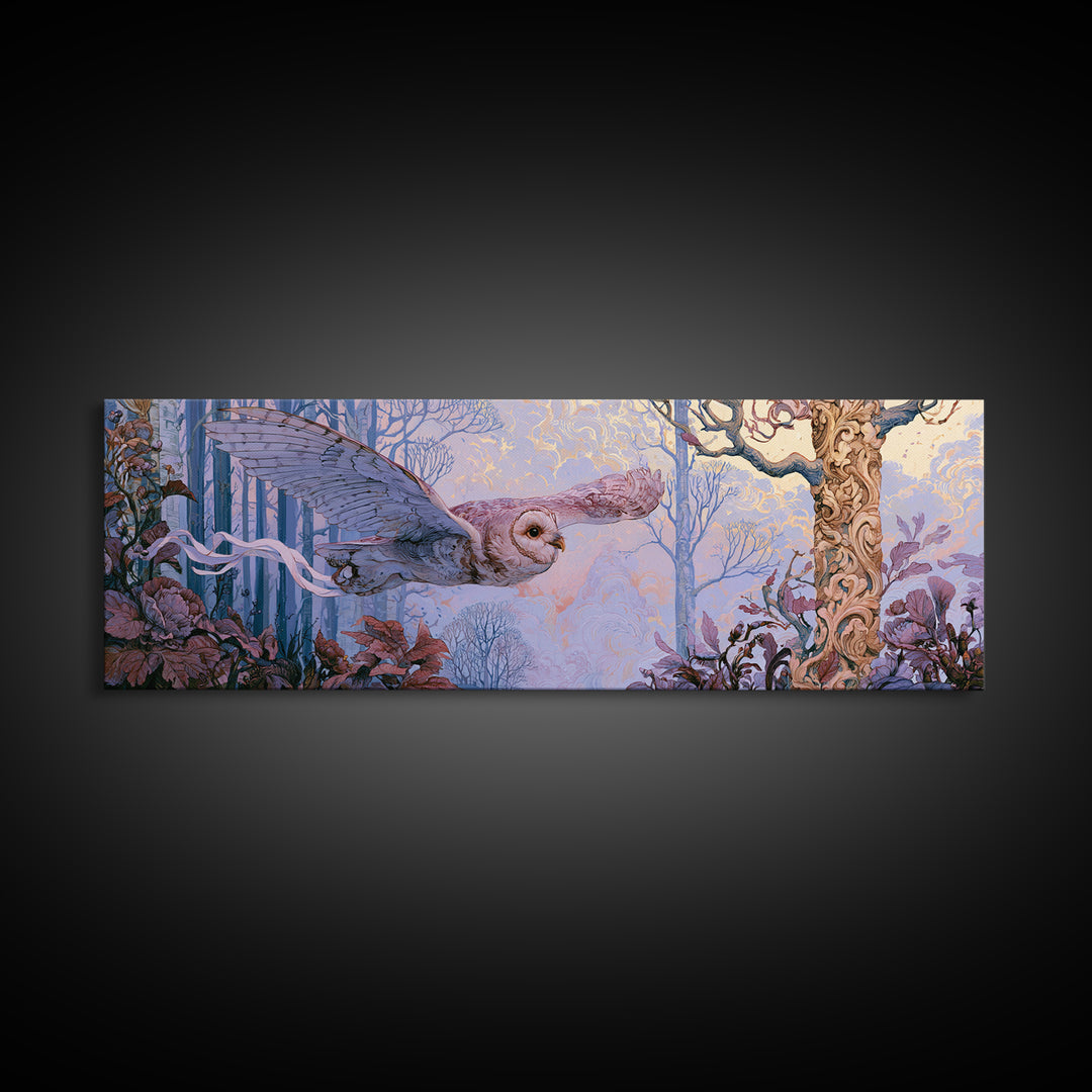 Owl Messenger Carrying a Tiny Ribbon Canvas Print, Fairy Tale Art, Dark Art, Living Room Decor, Storybook, Statement Artwork, FTA-3x1-33