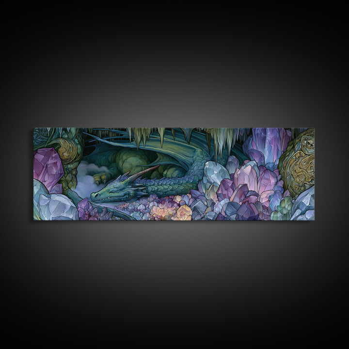 Sleeping Dragon in a Cave of Crystals Canvas Print, Fairy Tale Art, Neutral Decor, Living Room Decor, Fine Art, Storybook, FTA-3x1-40