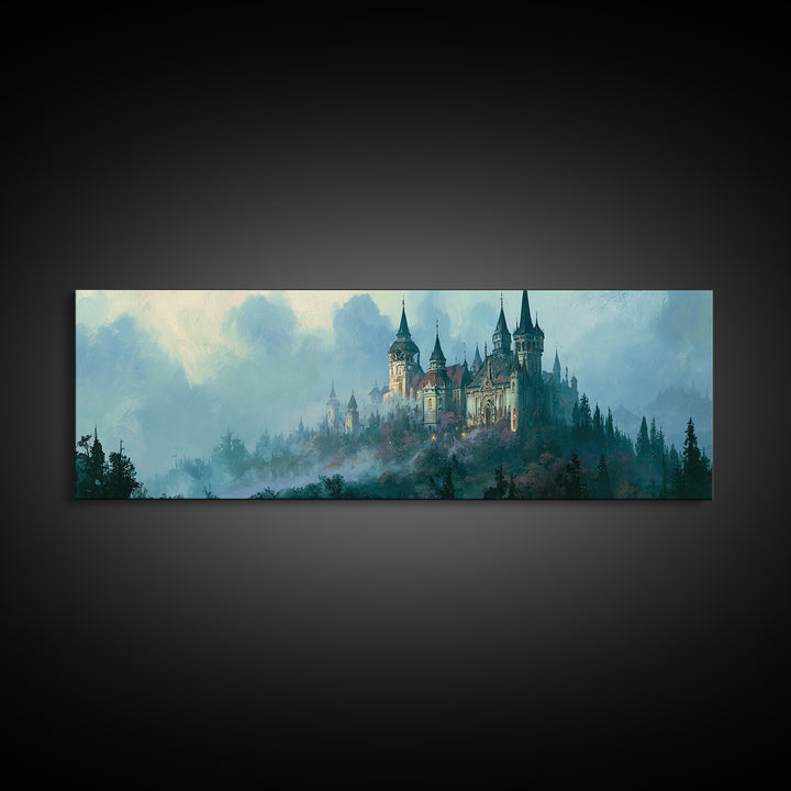 Storybook Castle on a Misty Hill Canvas Print, Fairy Tale Art, Whimsical Art, Living Room Decor, Fine Art, Storybook, FTA-3x1-42
