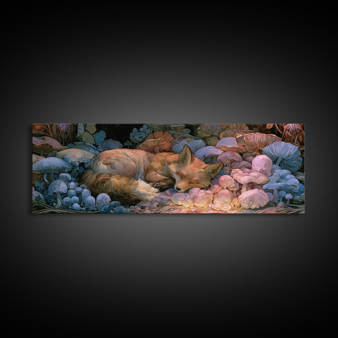 Sleeping Fox Beside a Magical Mushroom Ring Canvas Print, Fairy Tale Art, Printable Wall Art, Living Room Decor, Storybook, FTA-3x1-43