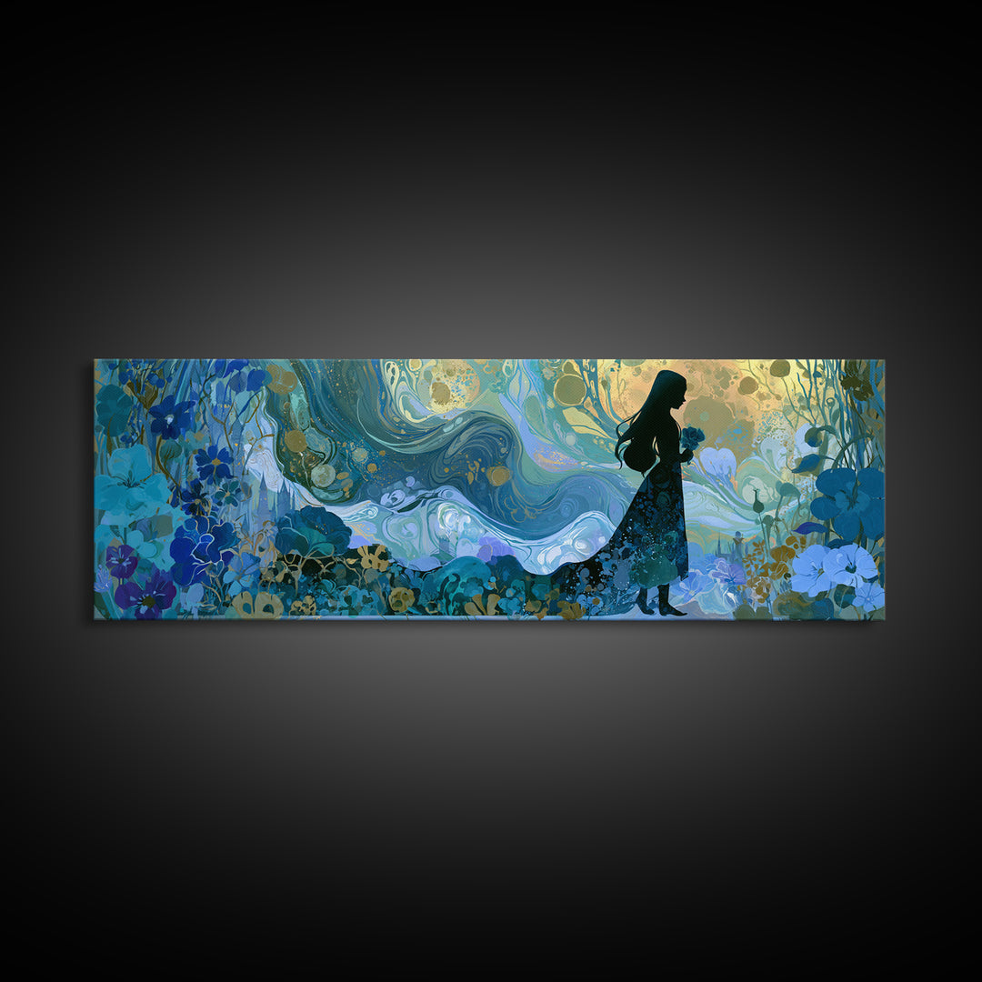 Princess Silhouette with Moonlit Garden Flowers Canvas Print, Fairy Tale Art, Modern Decor, Living Room Decor, Storybook, FTA-3x1-44