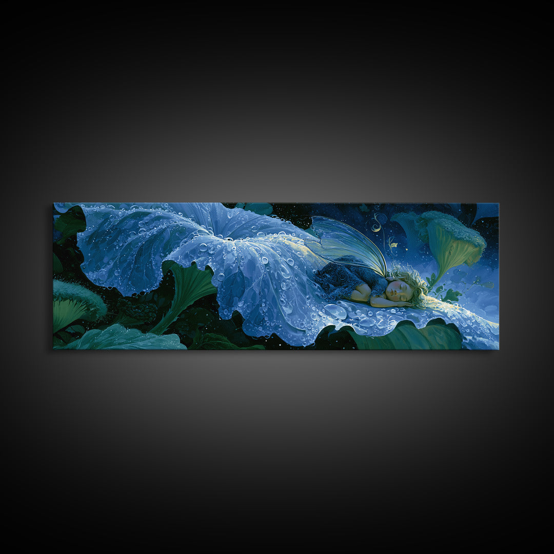 Tiny Fairy Resting on a Dew Covered Framed Canvas Print, Fairy Tale Art, Art Deco, Living Room Decor, Fine Art, Storybook, FTA-3x1-47