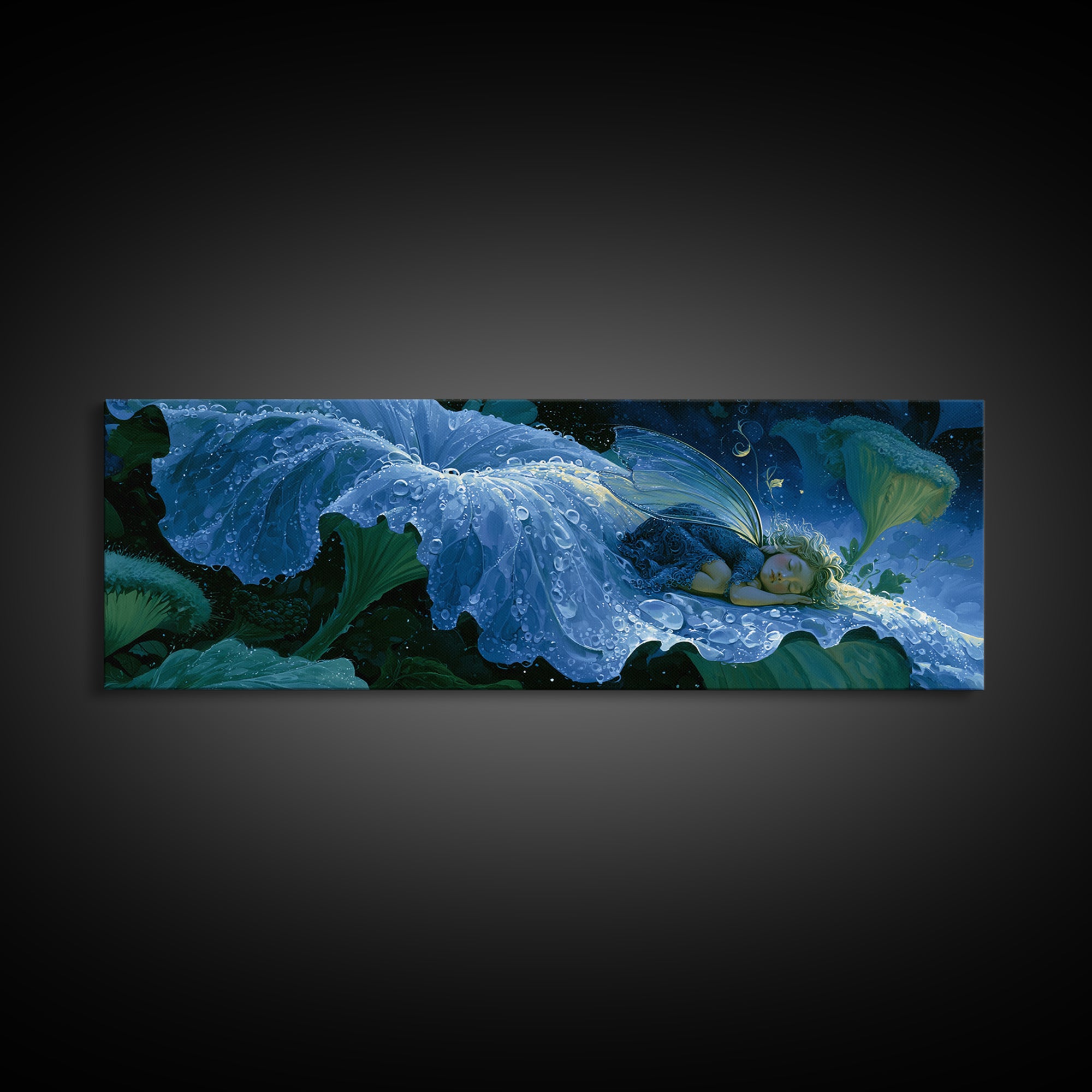 Tiny Fairy Resting on a Dew Covered Framed Canvas Print, Fairy Tale Art, Art Deco, Living Room Decor, Fine Art, Storybook, FTA-3x1-47