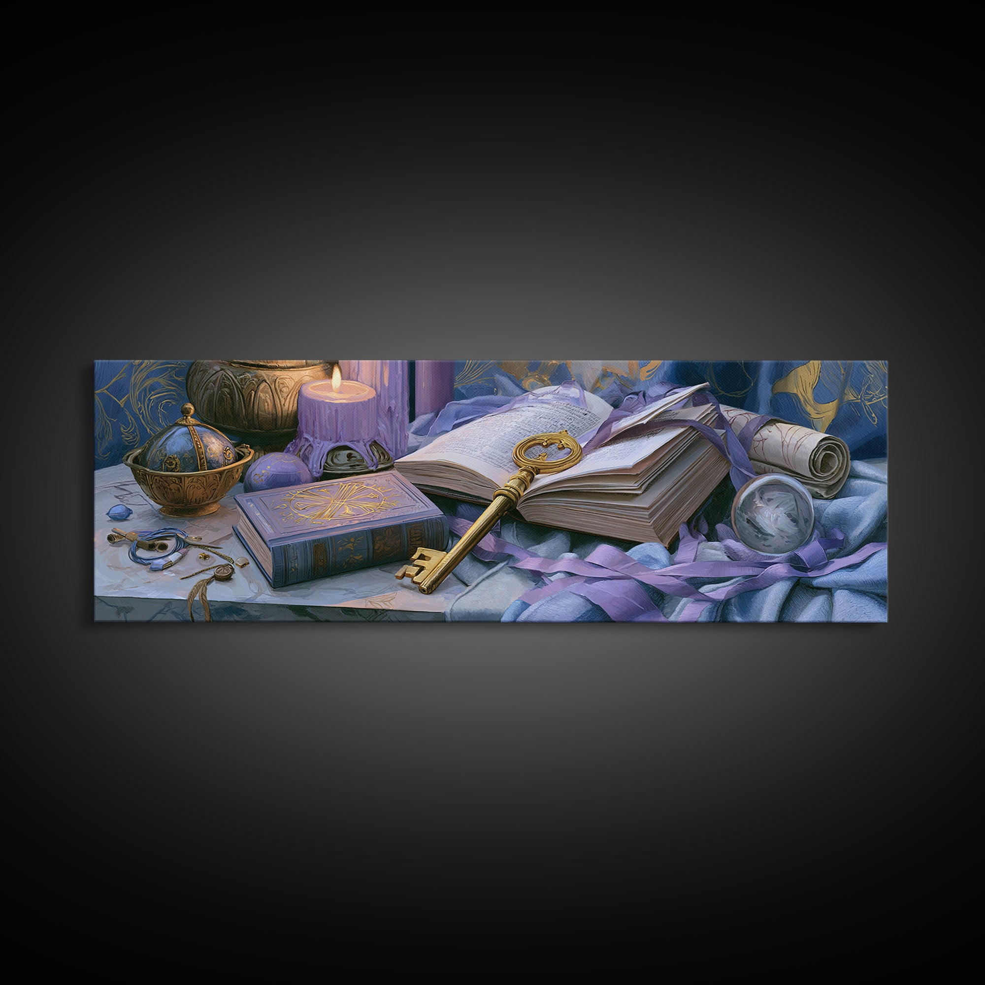 Golden Key and Enchanted Book Still Life Canvas Print, Fairy Tale Art, Kids Room Decor, Living Room Decor, Abstract Art, FTA-3x1-49