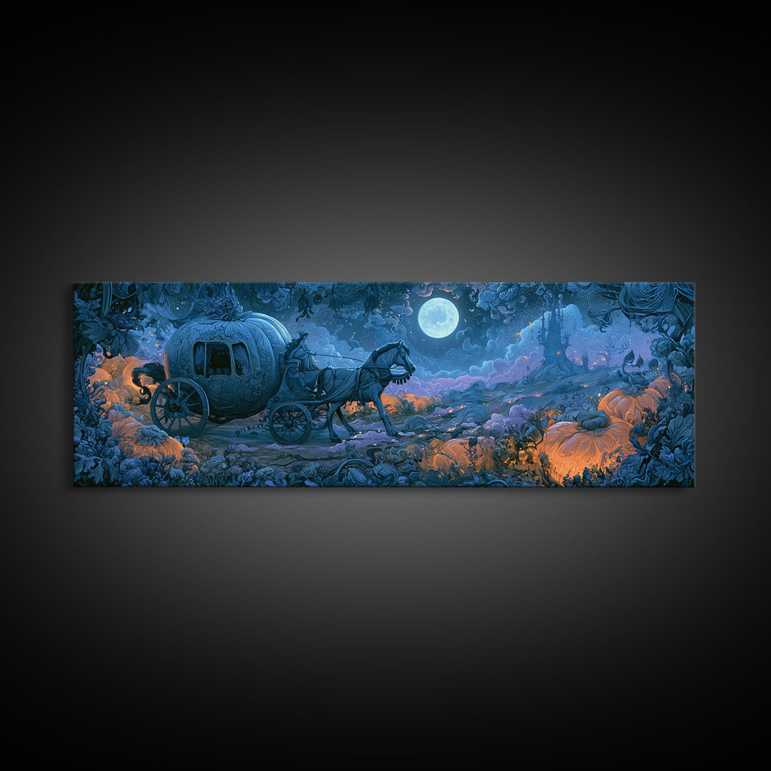 Pumpkin Carriage under Midnight Sky Framed Canvas Print, Fairy Tale Art, Minimalist Decor, Living Room Decor, Storybook, FTA-3x1-56