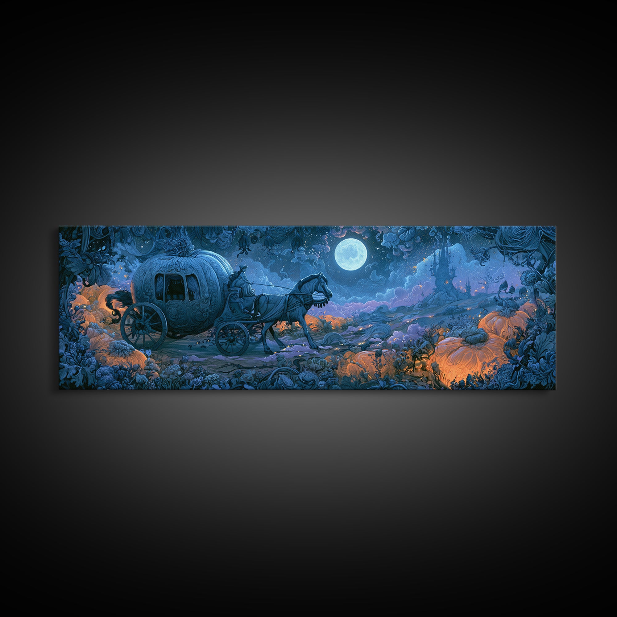 Pumpkin Carriage under Midnight Sky Framed Canvas Print, Fairy Tale Art, Minimalist Decor, Living Room Decor, Storybook, FTA-3x1-56