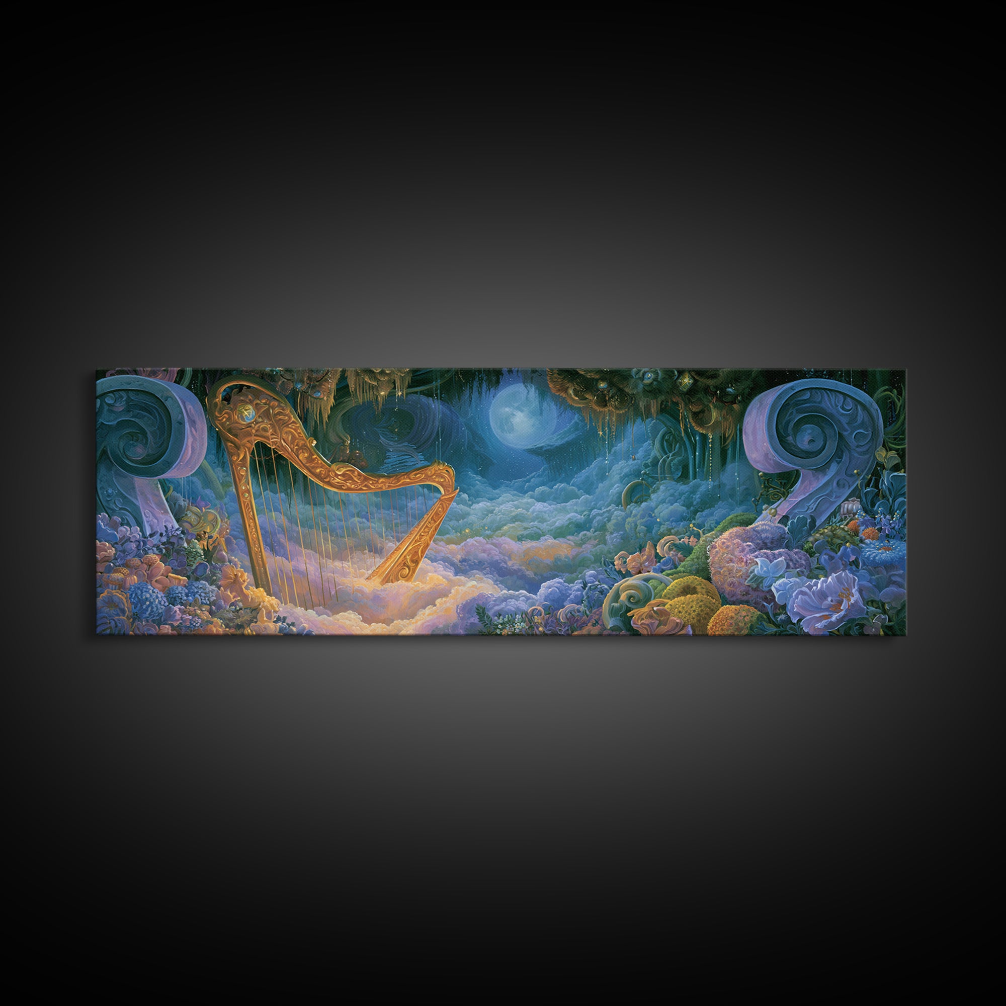 Golden Harp in a Cloud Kingdom Canvas Print, Fairy Tale Art, Boho Decor, Living Room Decor, Oil Painting, Storybook, Art Print, FTA-3x1-62
