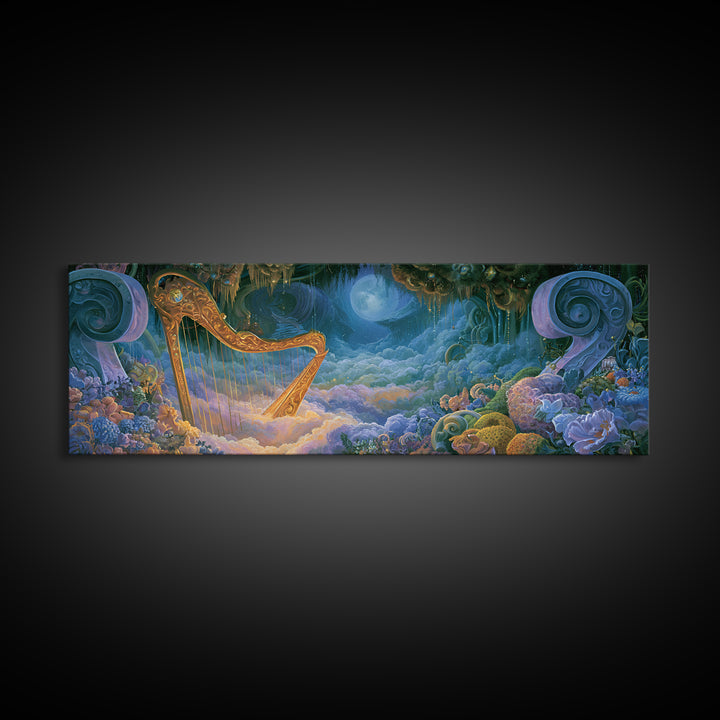 Golden Harp in a Cloud Kingdom Canvas Print, Fairy Tale Art, Boho Decor, Living Room Decor, Oil Painting, Storybook, Art Print, FTA-3x1-62