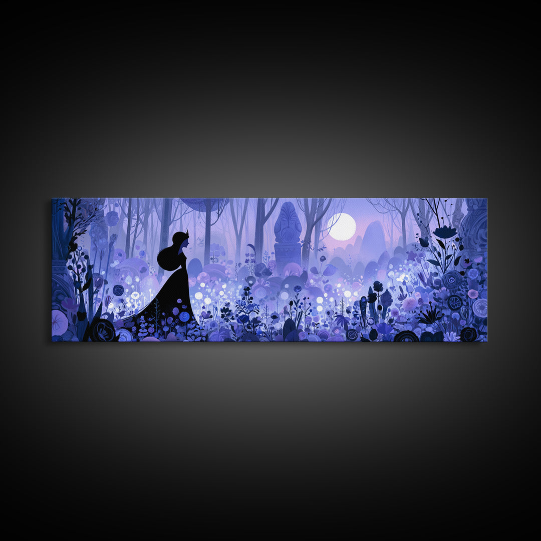 Princess Silhouette with Moonlit Garden Flowers Framed Canvas Print, Fairy Tale Art, Home Decor, Living Room Decor, Storybook, FTA-3x1-68