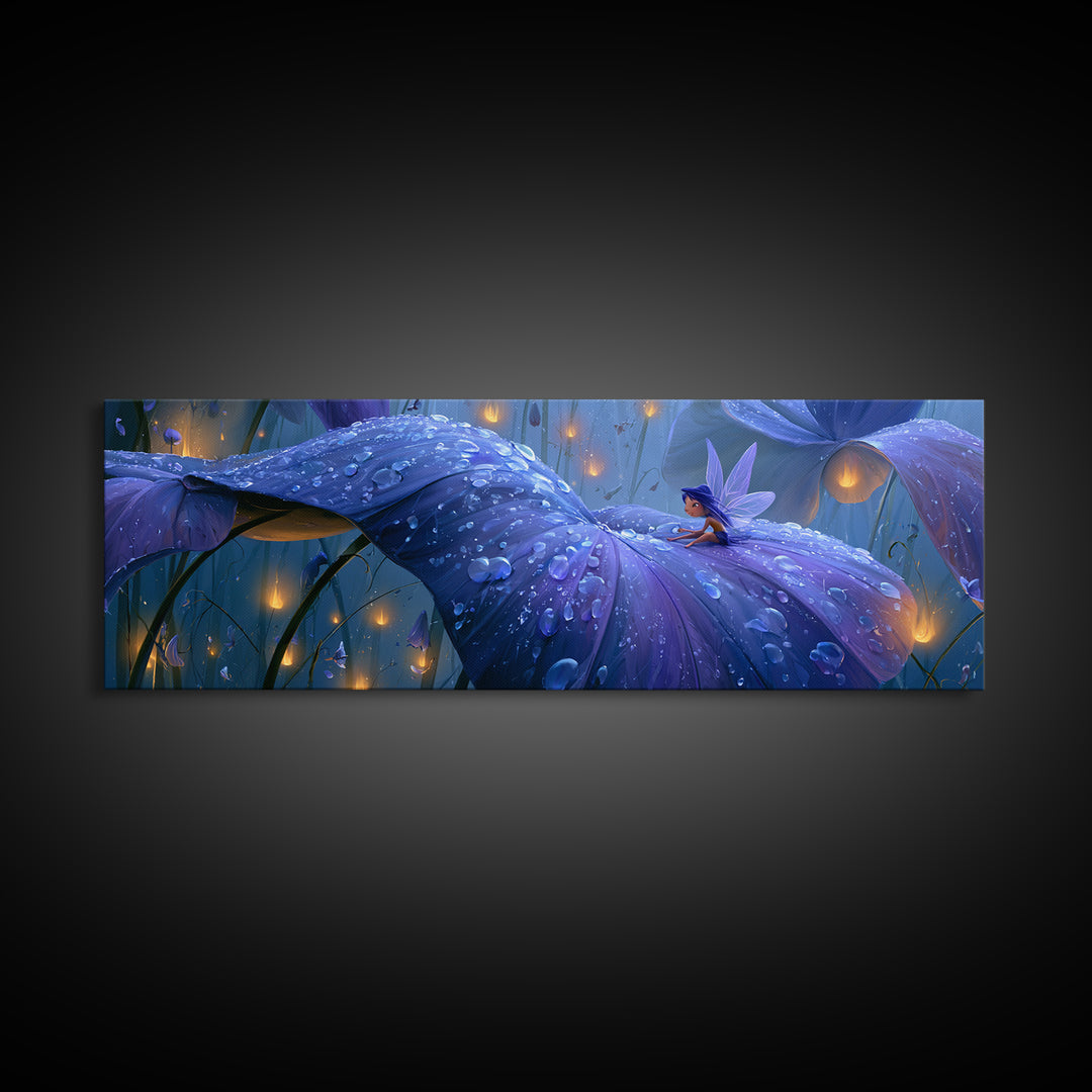 Tiny Fairy Resting on a Dew Covered Canvas Print, Fairy Tale Art, Printable Art, Living Room Decor, Oil Painting, Storybook, FTA-3x1-71