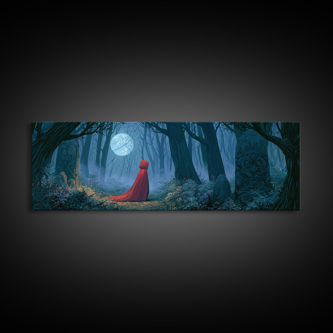 Red Cloak Figure Walking Through Dark Woods Framed Canvas Print, Fairy Tale Art, Wall Decor, Living Room Decor, Storybook, FTA-3x1-72