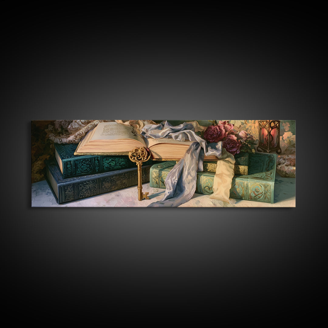 Golden Key and Enchanted Book Still Life Framed Canvas Print, Fairy Tale Art, Neutral Decor, Living Room Decor, Storybook, FTA-3x1-73