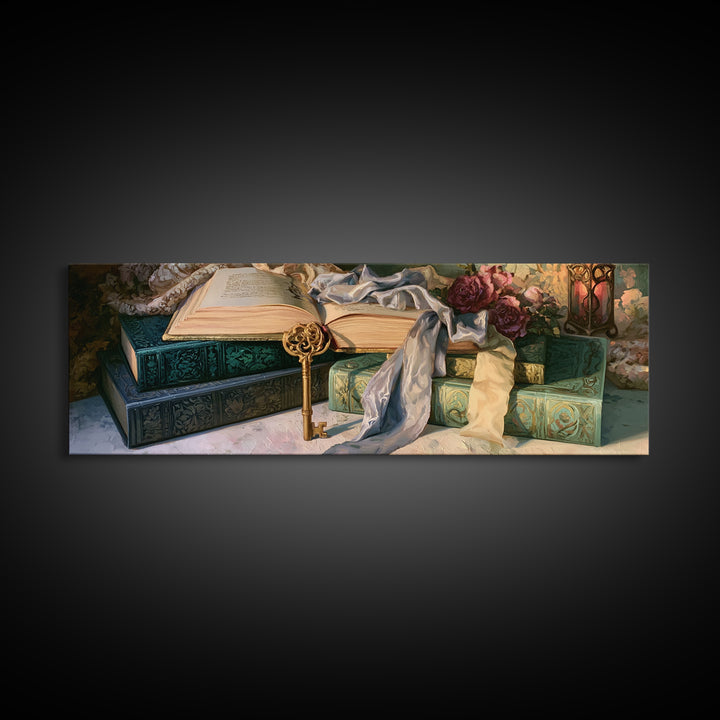 Golden Key and Enchanted Book Still Life Framed Canvas Print, Fairy Tale Art, Neutral Decor, Living Room Decor, Storybook, FTA-3x1-73