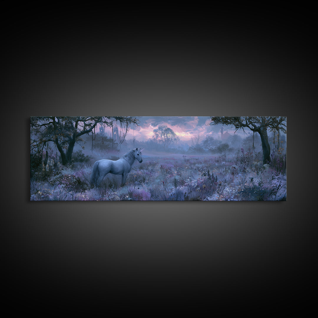 Unicorn in a Moonlit Meadow Framed Canvas Print, Fairy Tale Art, Princess Wall Art, Living Room Decor, Fine Art, Storybook, FTA-3x1-74