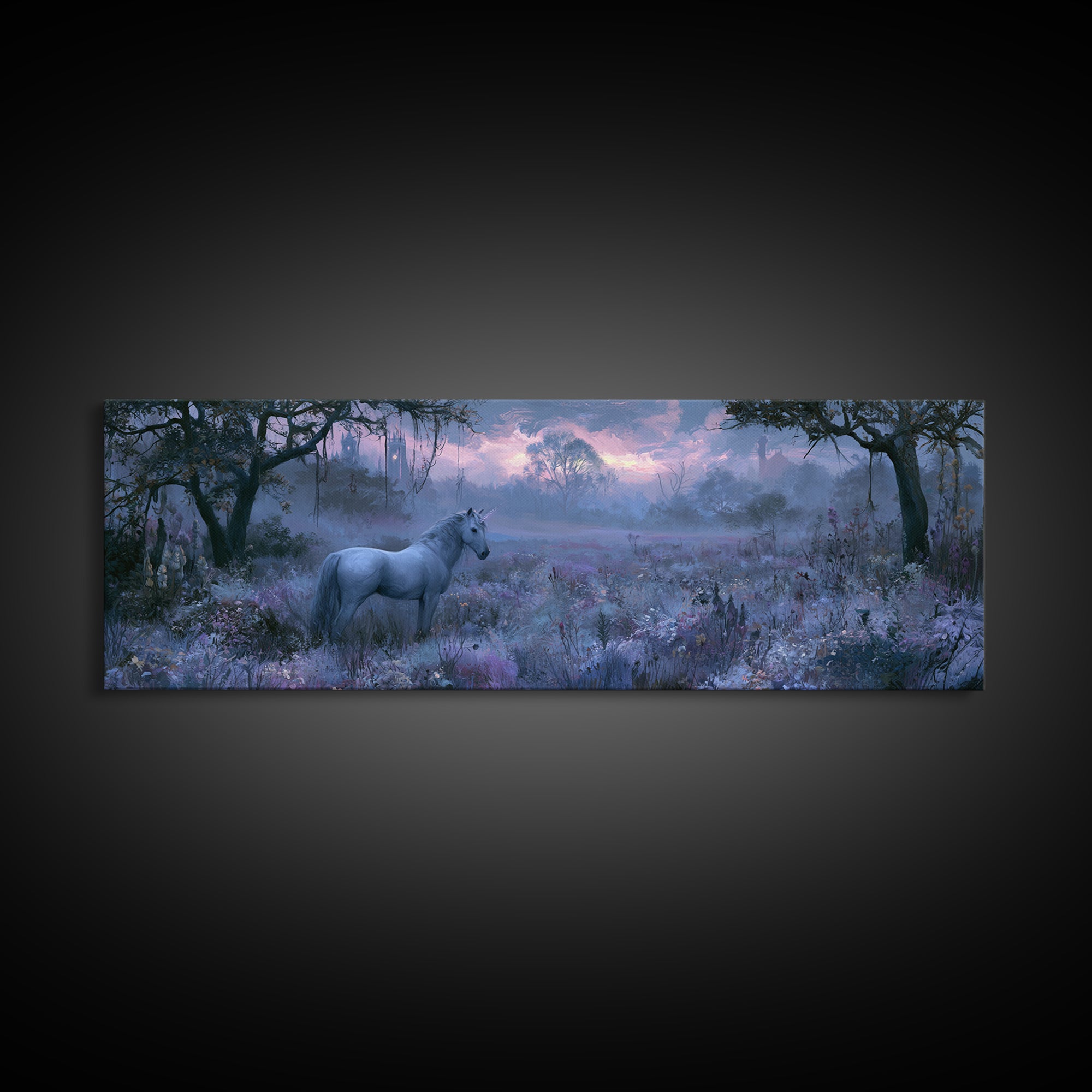Unicorn in a Moonlit Meadow Framed Canvas Print, Fairy Tale Art, Princess Wall Art, Living Room Decor, Fine Art, Storybook, FTA-3x1-74