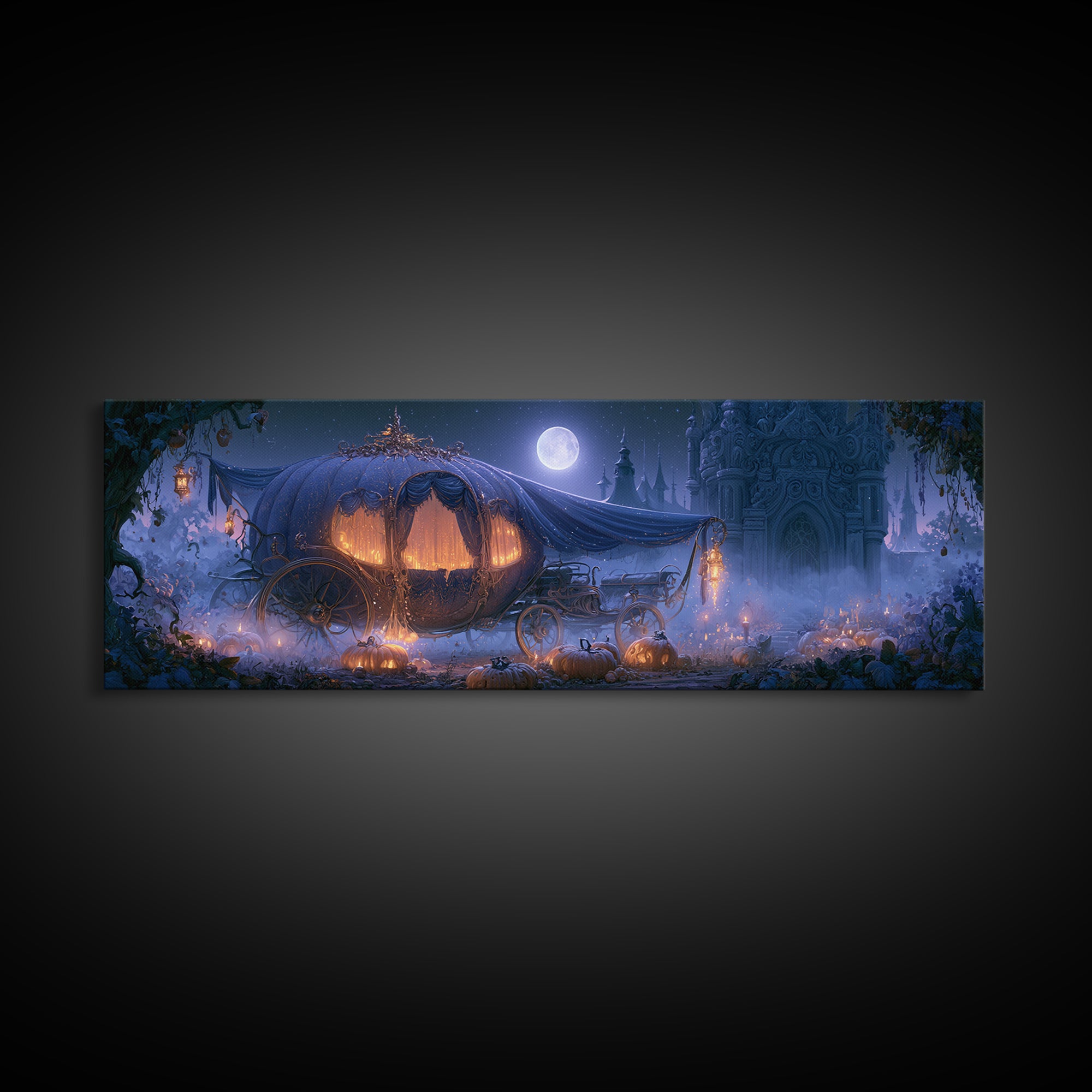 Pumpkin Carriage under Midnight Sky Canvas Print, Fairy Tale Art, Art Prints, Living Room Decor, Fine Art, Storybook, FTA-3x1-80