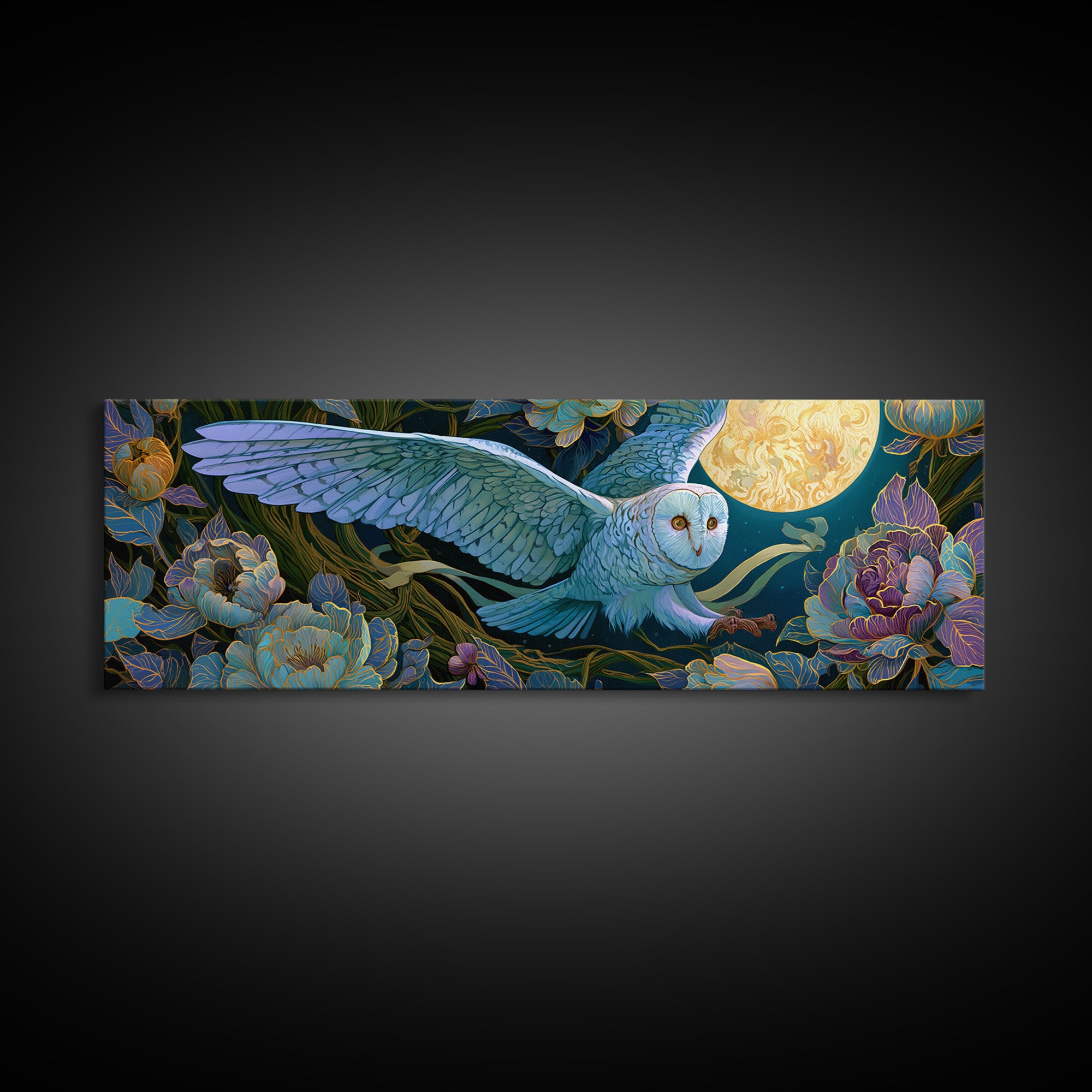 Owl Messenger Carrying a Tiny Ribbon Framed Canvas Print, Fairy Tale Art, Fairy Art, Living Room Decor, Fine Art, Storybook, FTA-3x1-81
