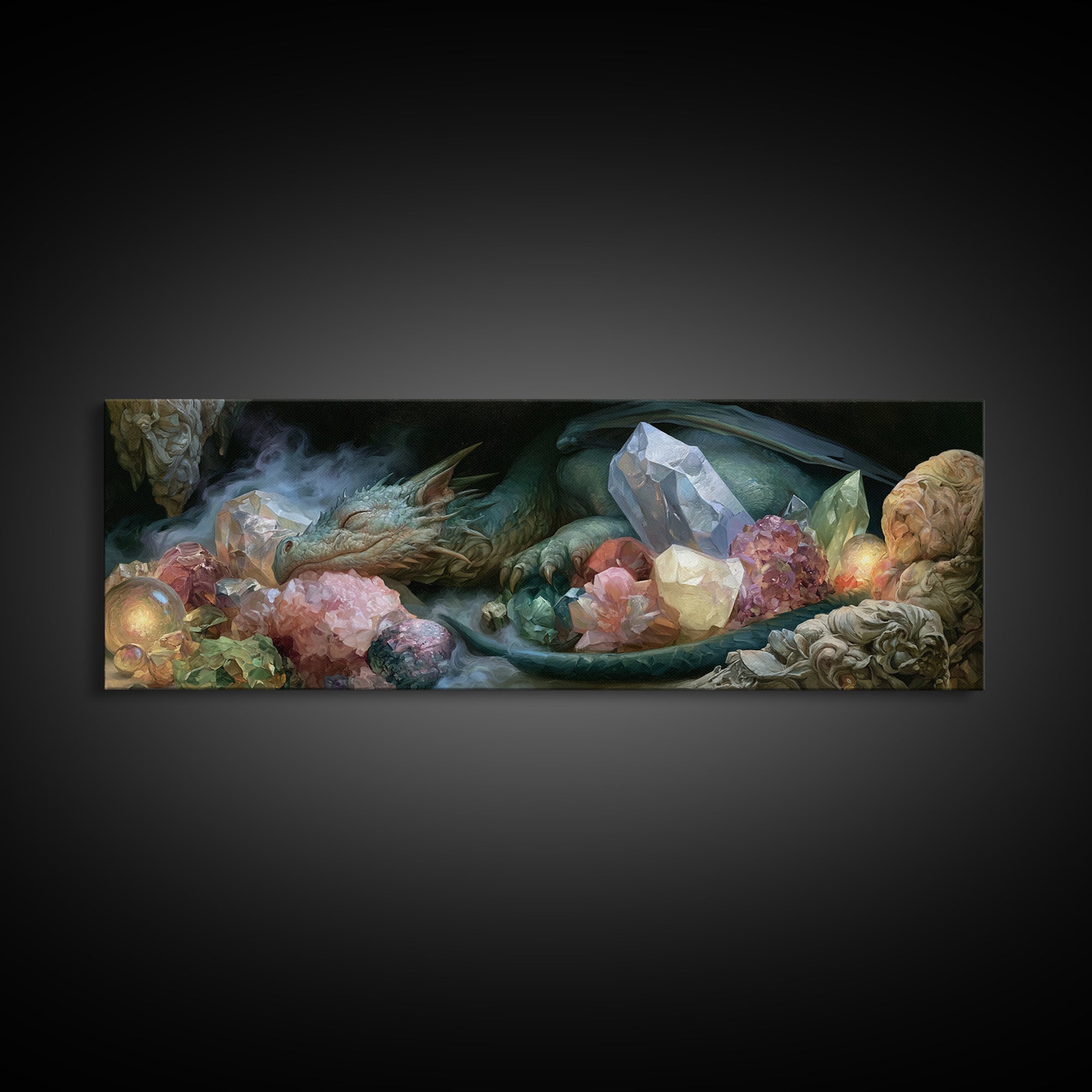 Sleeping Dragon in a Cave of Crystals Canvas Print, Fairy Tale Art, Wall Art, Living Room Decor, Oil Painting, Storybook, FTA-3x1-88