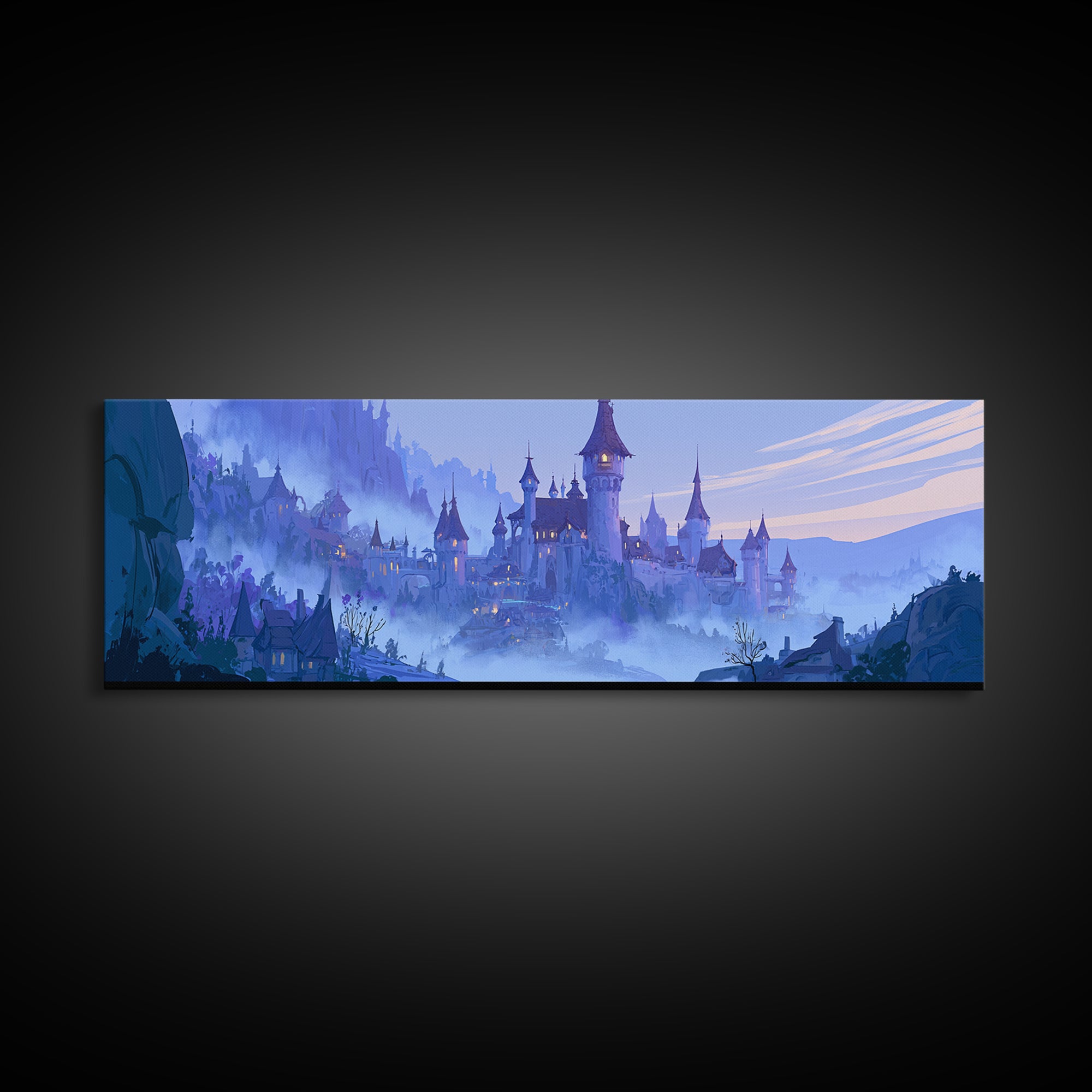 Storybook Castle on a Misty Hill Framed Canvas Print, Fairy Tale Art, Whimsical Wall Art, Living Room Decor, Storybook, FTA-3x1-90