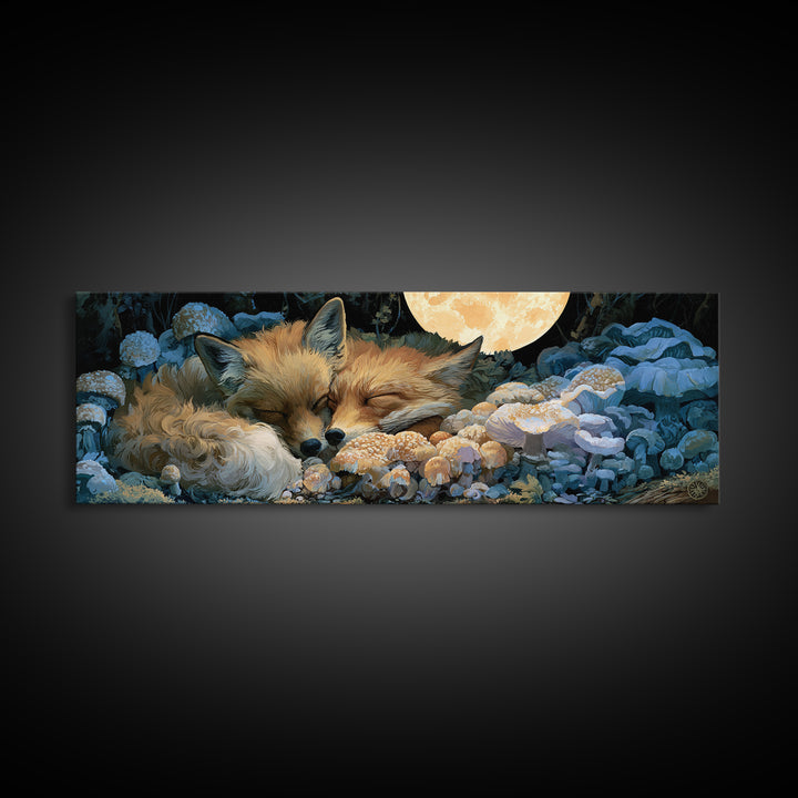 Sleeping Fox Beside a Magical Mushroom Ring Canvas Print, Fairy Tale Art, Printable Wall Art, Living Room Decor, Storybook, FTA-3x1-91