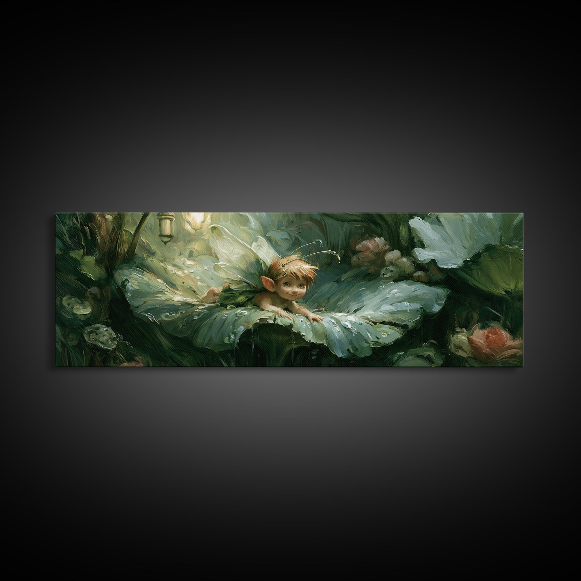 Tiny Fairy Resting on a Dew Covered Canvas Print, Fairy Tale Art, Art Deco, Living Room Decor, Storybook, Whimsical Art, FTA-3x1-95