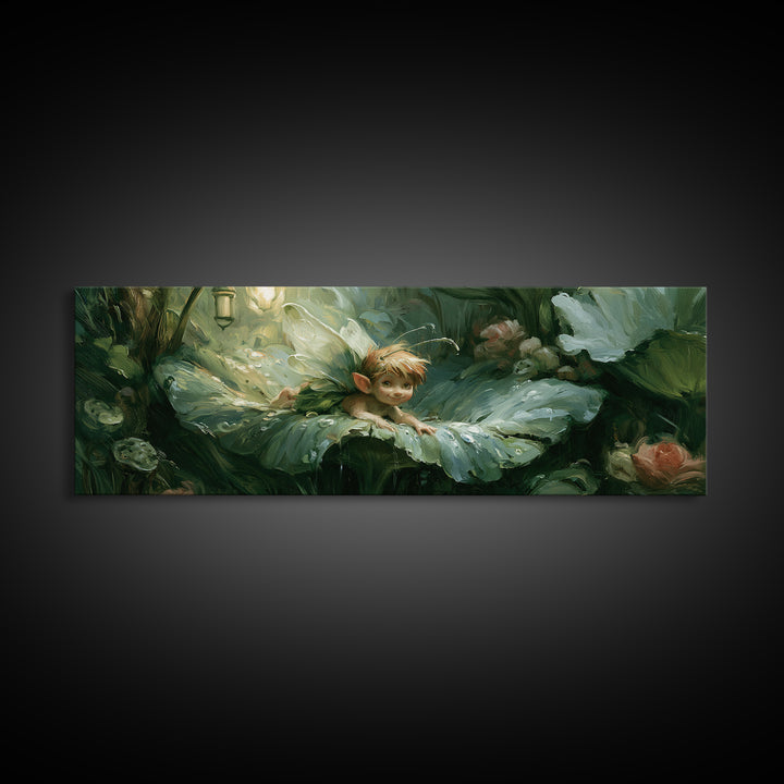 Tiny Fairy Resting on a Dew Covered Canvas Print, Fairy Tale Art, Art Deco, Living Room Decor, Storybook, Whimsical Art, FTA-3x1-95