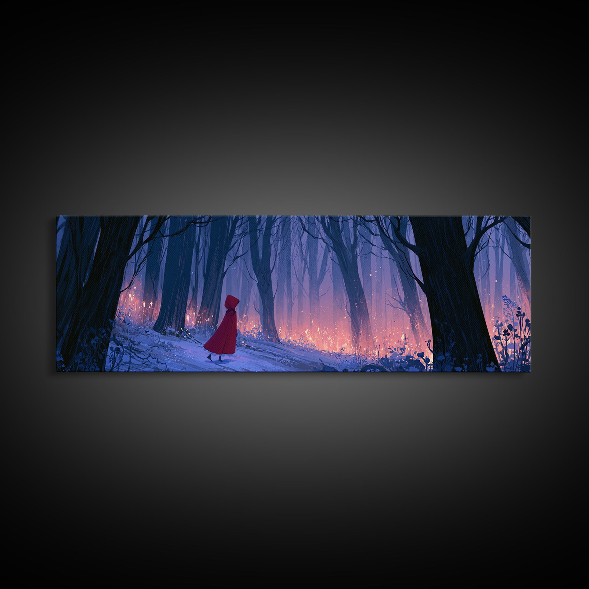 Red Cloak Figure Walking Through Dark Woods Canvas Print, Fairy Tale Art, Textured Painting, Living Room Decor, Storybook, FTA-3x1-96