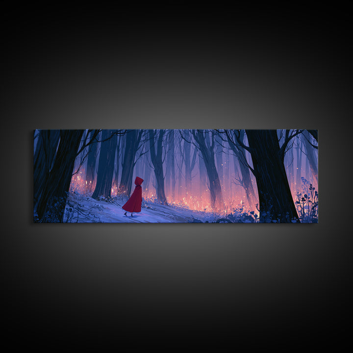 Red Cloak Figure Walking Through Dark Woods Canvas Print, Fairy Tale Art, Textured Painting, Living Room Decor, Storybook, FTA-3x1-96